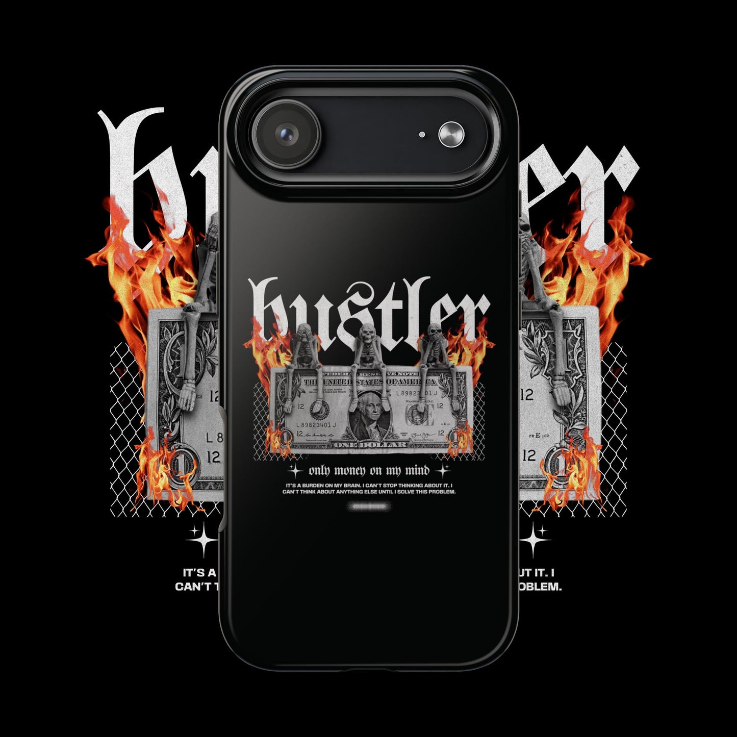 Hustler Flame Tough Phone Case — Rugged Black Protective Cover with Burning Money Graphic