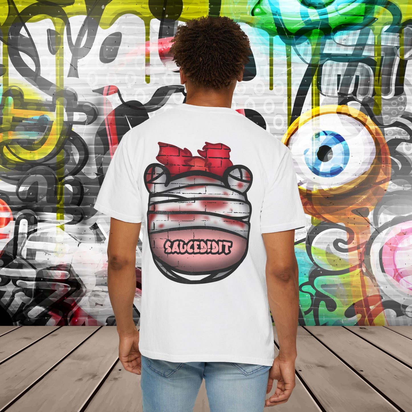 Graffiti Bandage Bear T-Shirt — 'SaucedIt' Streetwear Graphic Tee