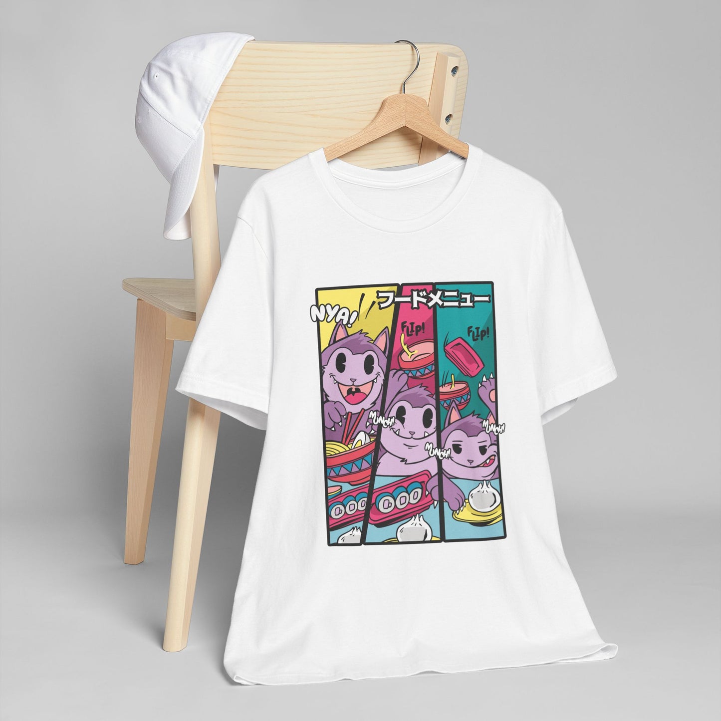 Cute Anime Cat Foodie Unisex T-Shirt, Kawaii Graphic Tee, Sushi Lover Gift, Casual Wear, Manga Style Fashion