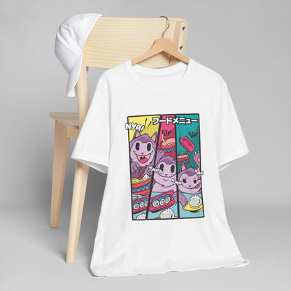 Cute Anime Cat Foodie Unisex T-Shirt, Kawaii Graphic Tee, Sushi Lover Gift, Casual Wear, Manga Style Fashion