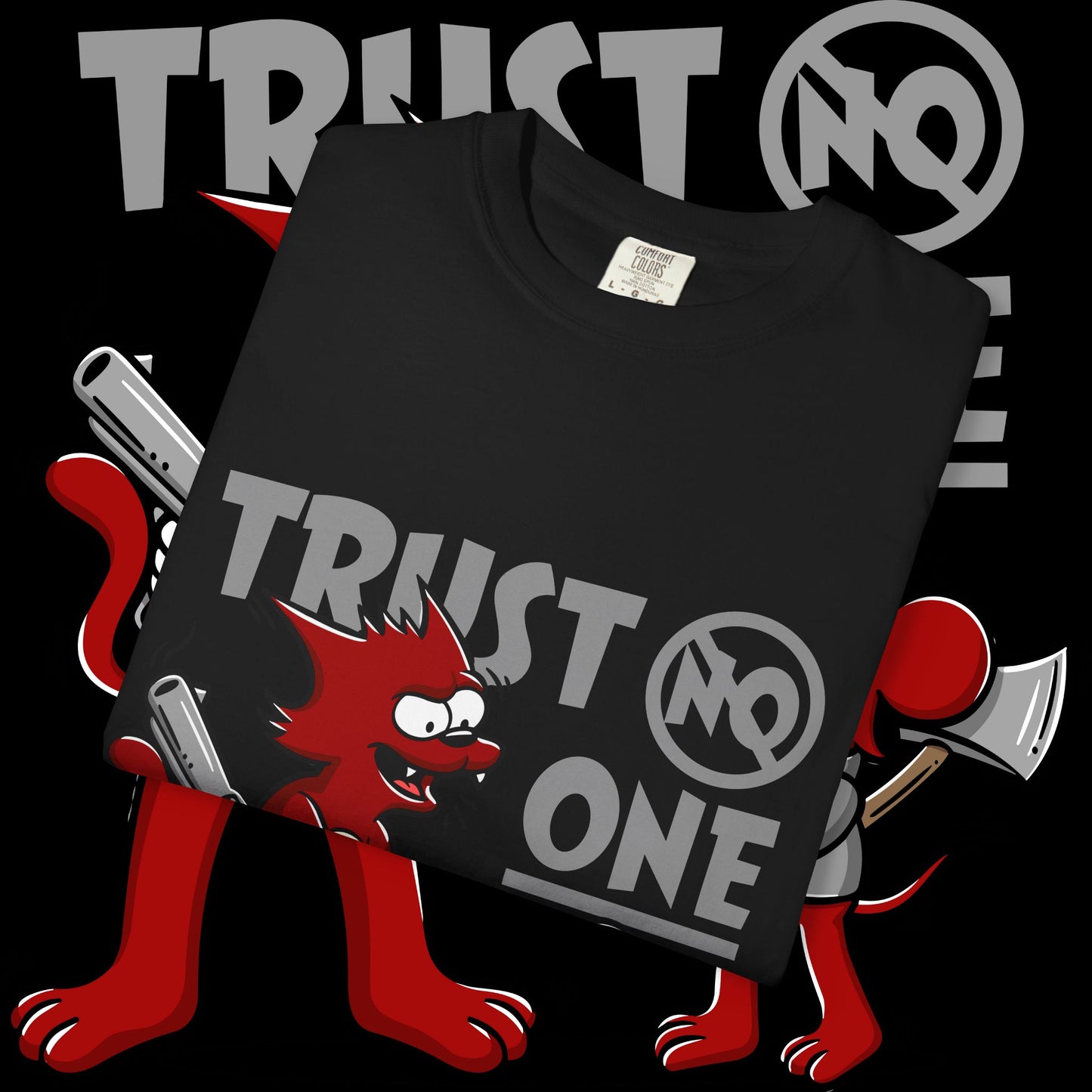 Trust No One Unisex Garment-Dyed T-Shirt, Streetwear Tee, Cartoon Graphic Shirt, Cool Humor Apparel, Gift for Friends