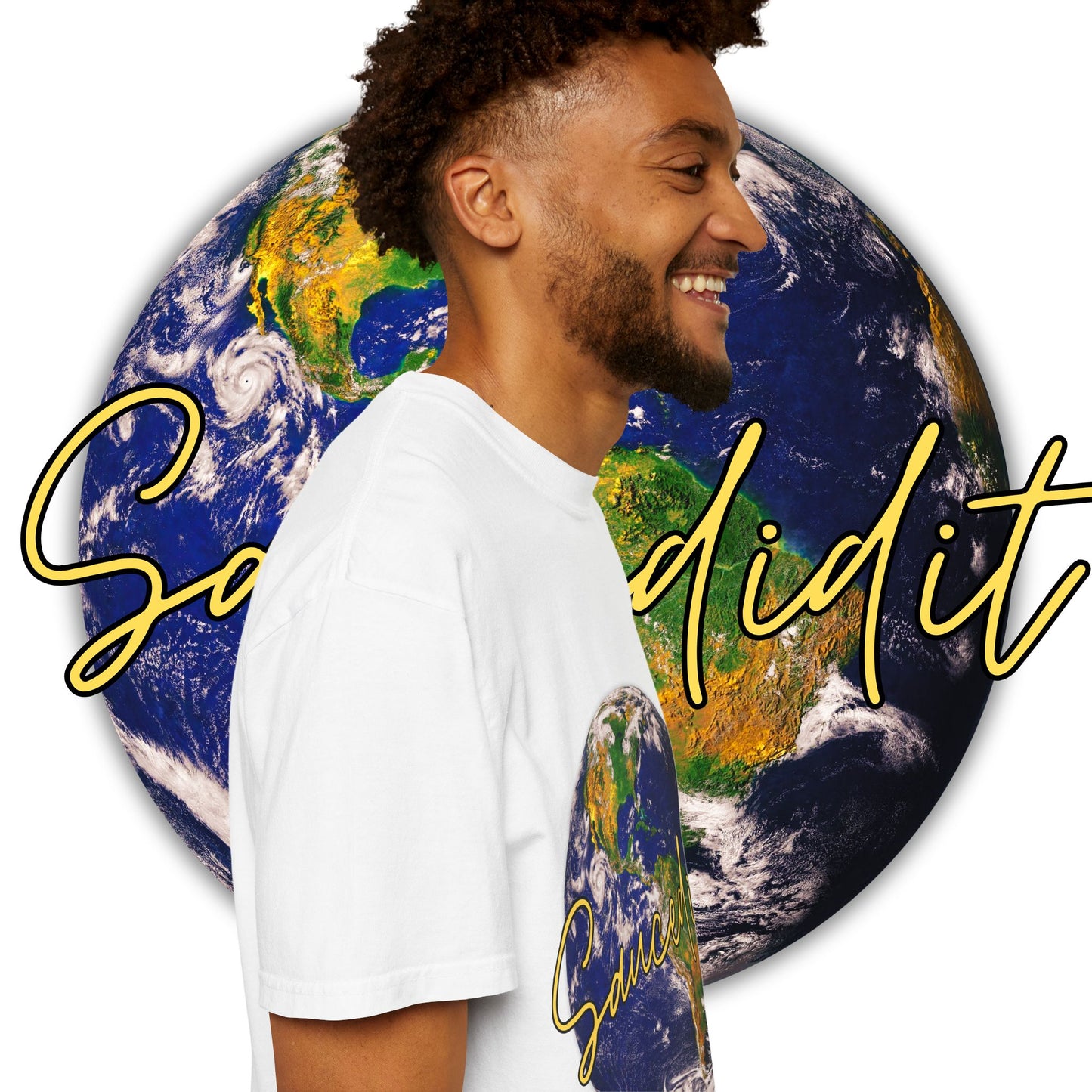 Earth Graphic T‑Shirt — 'Saucedidit' Script Planet Tee