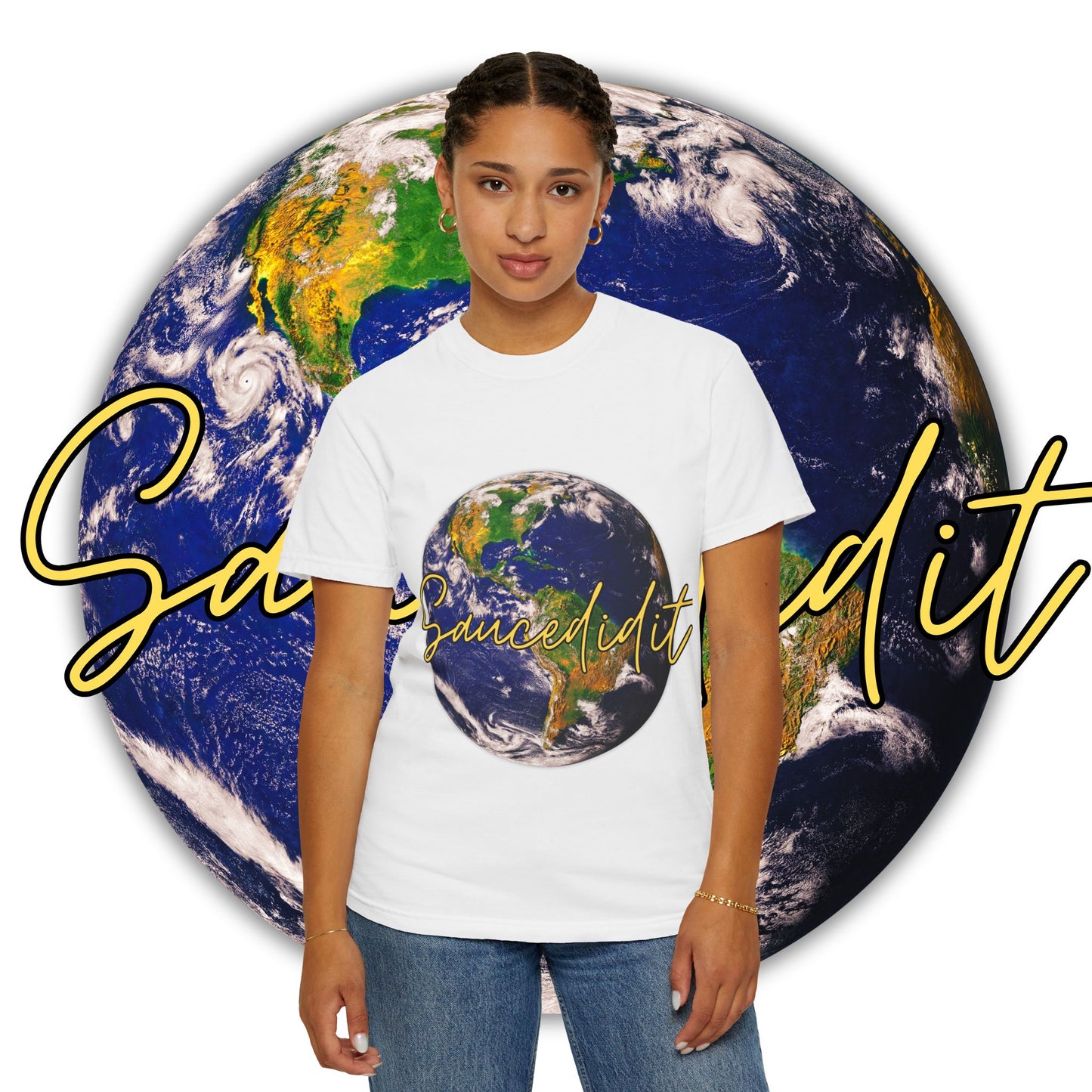 Earth Graphic T‑Shirt — 'Saucedidit' Script Planet Tee