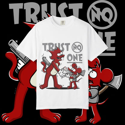 Trust No One Unisex Garment-Dyed T-Shirt, Streetwear Tee, Cartoon Graphic Shirt, Cool Humor Apparel, Gift for Friends