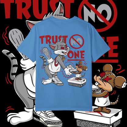 Trust No One Unisex Garment-Dyed T-Shirt, Streetwear Tee, Cartoon Graphic Shirt, Cool Humor Apparel, Gift for Friends