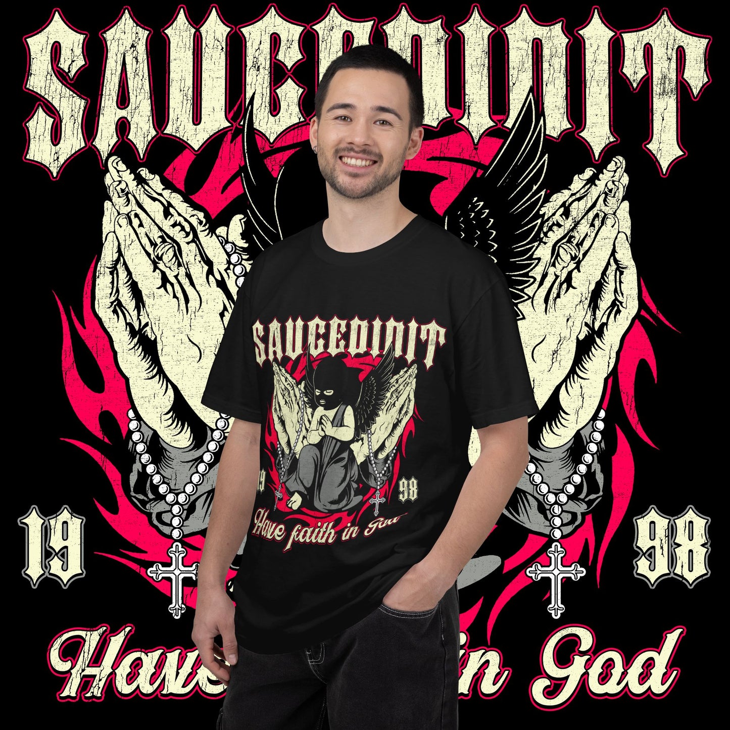 Saucligious Graphic T-Shirt — "Have Faith in God" Angel Design
