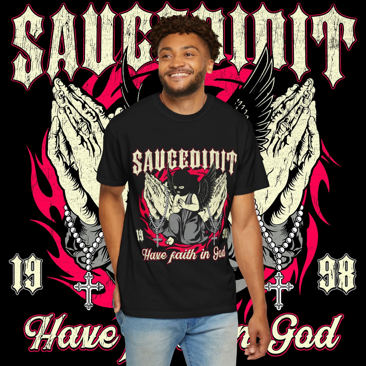 Saucligious Graphic T-Shirt — "Have Faith in God" Angel Design