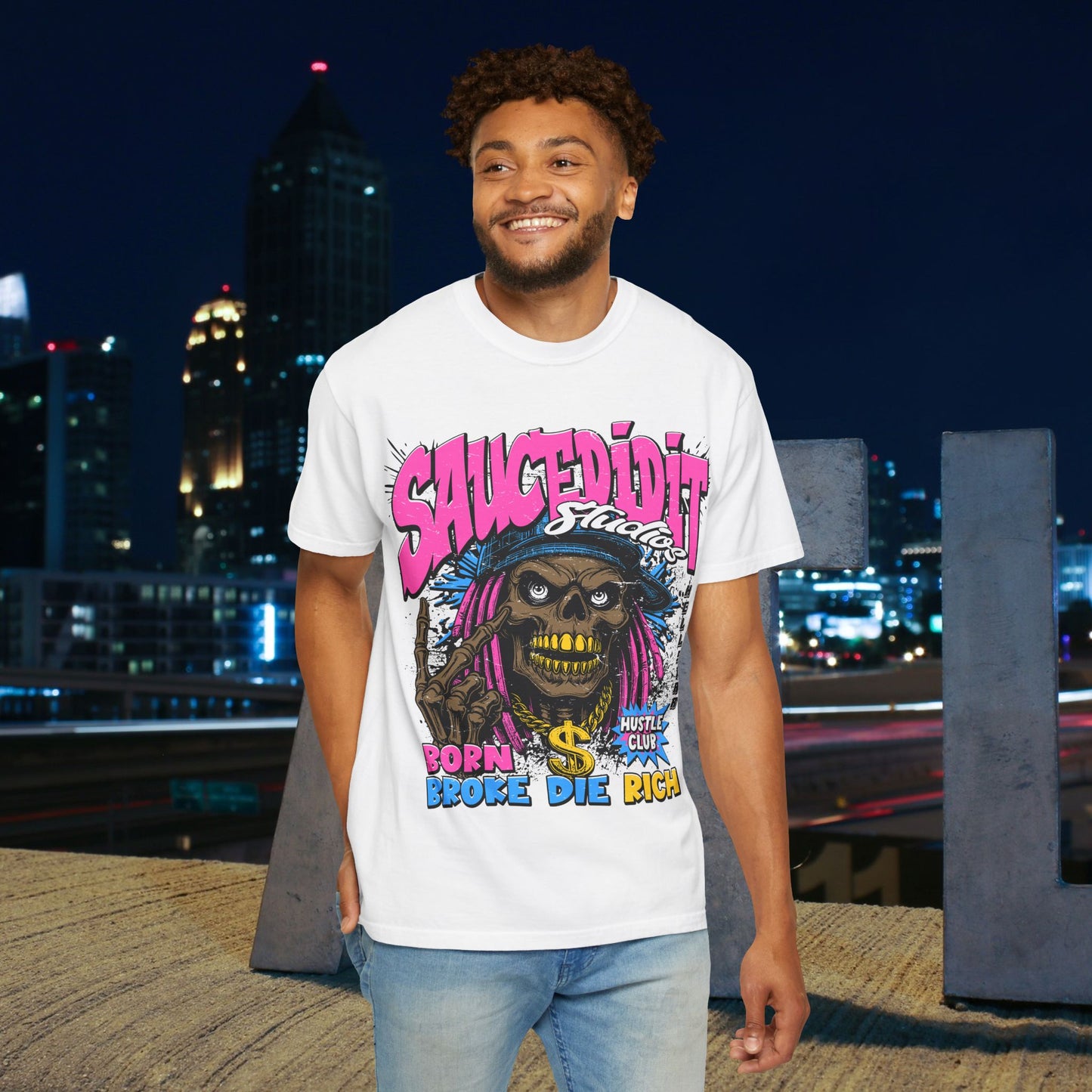 Graphic T-Shirt — "Saucedidit" Skull Design | Born Broke Die Rich Streetwear