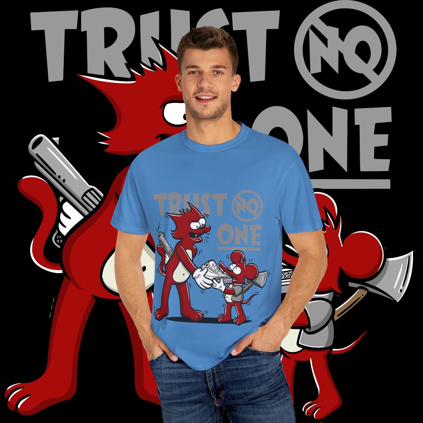 Trust No One Unisex Garment-Dyed T-Shirt, Streetwear Tee, Cartoon Graphic Shirt, Cool Humor Apparel, Gift for Friends