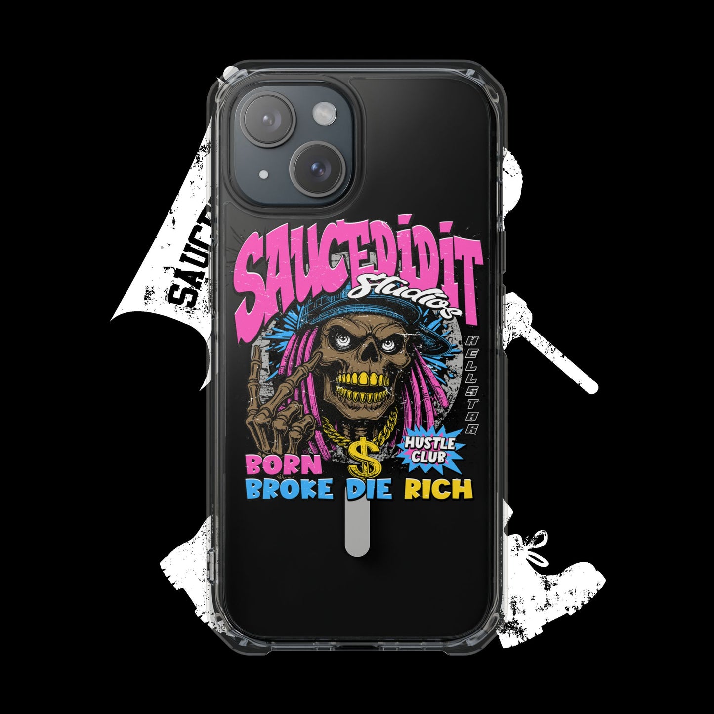 Clear Magnetic Phone Case — "Saucedidit" Skull Hustle Design (Born Broke Die Rich)