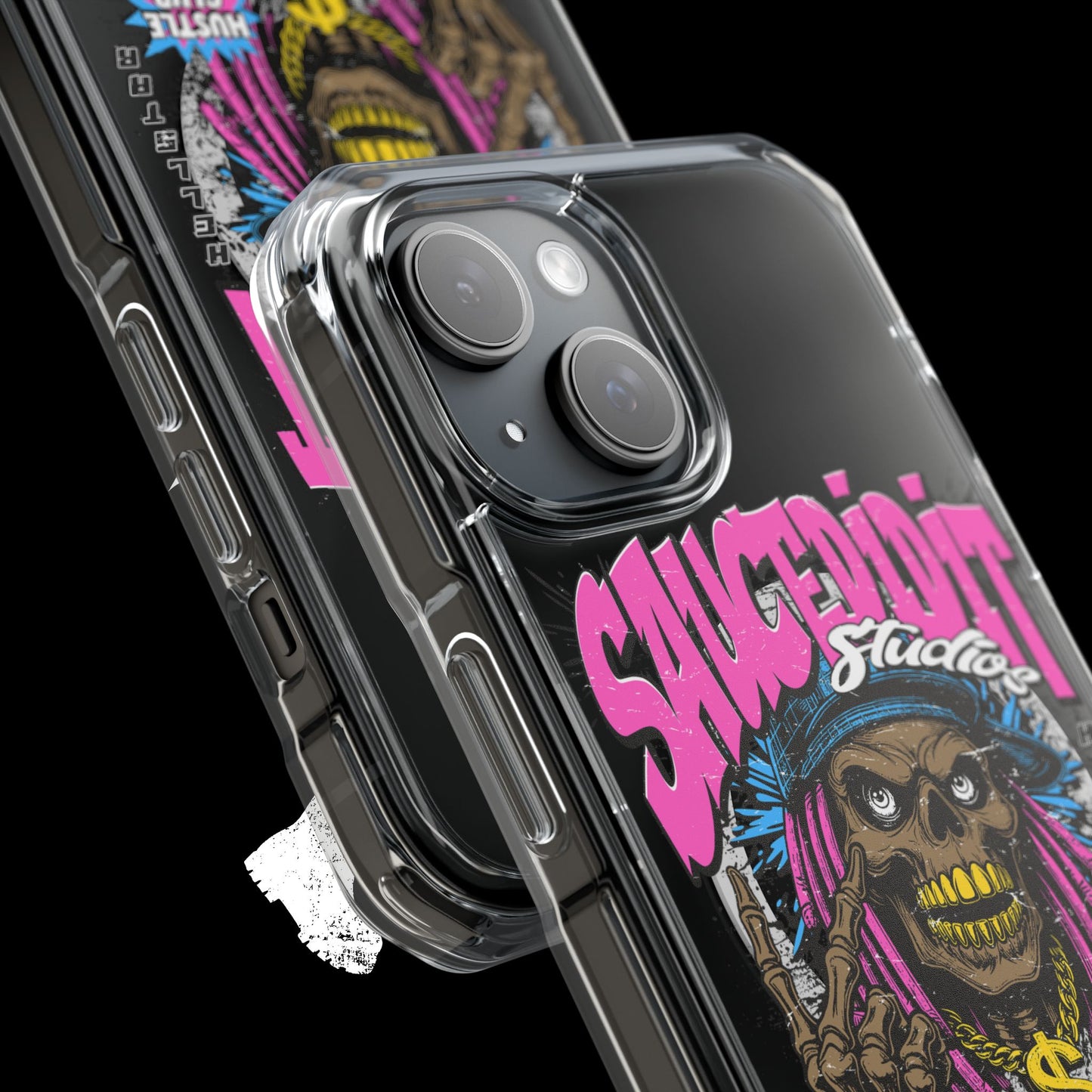 Clear Magnetic Phone Case — "Saucedidit" Skull Hustle Design (Born Broke Die Rich)