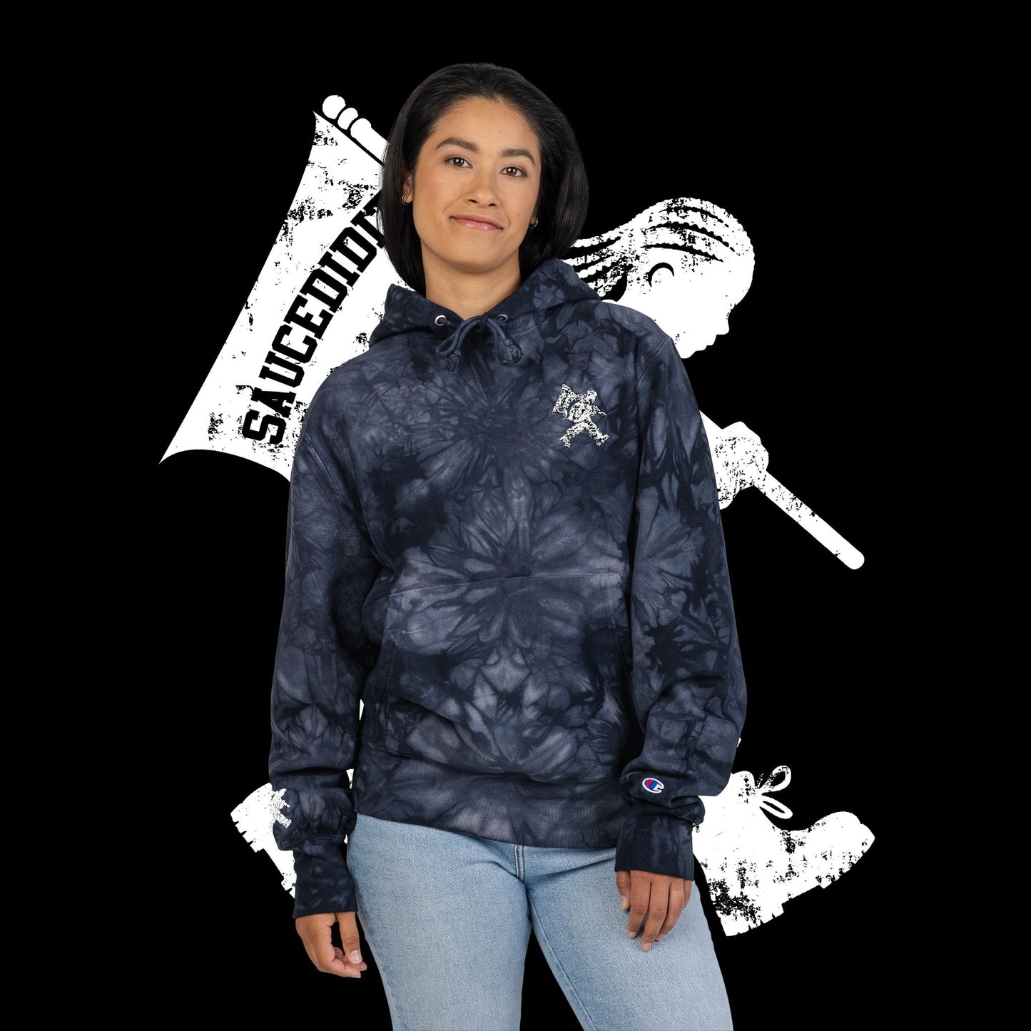 Embroidered Unisex Champion Tie-Dye Hoodie for Trendy Streetwear, Hip Urban Fashion Clothing, Limited Edition College Jacket, Custom Tie-Dye