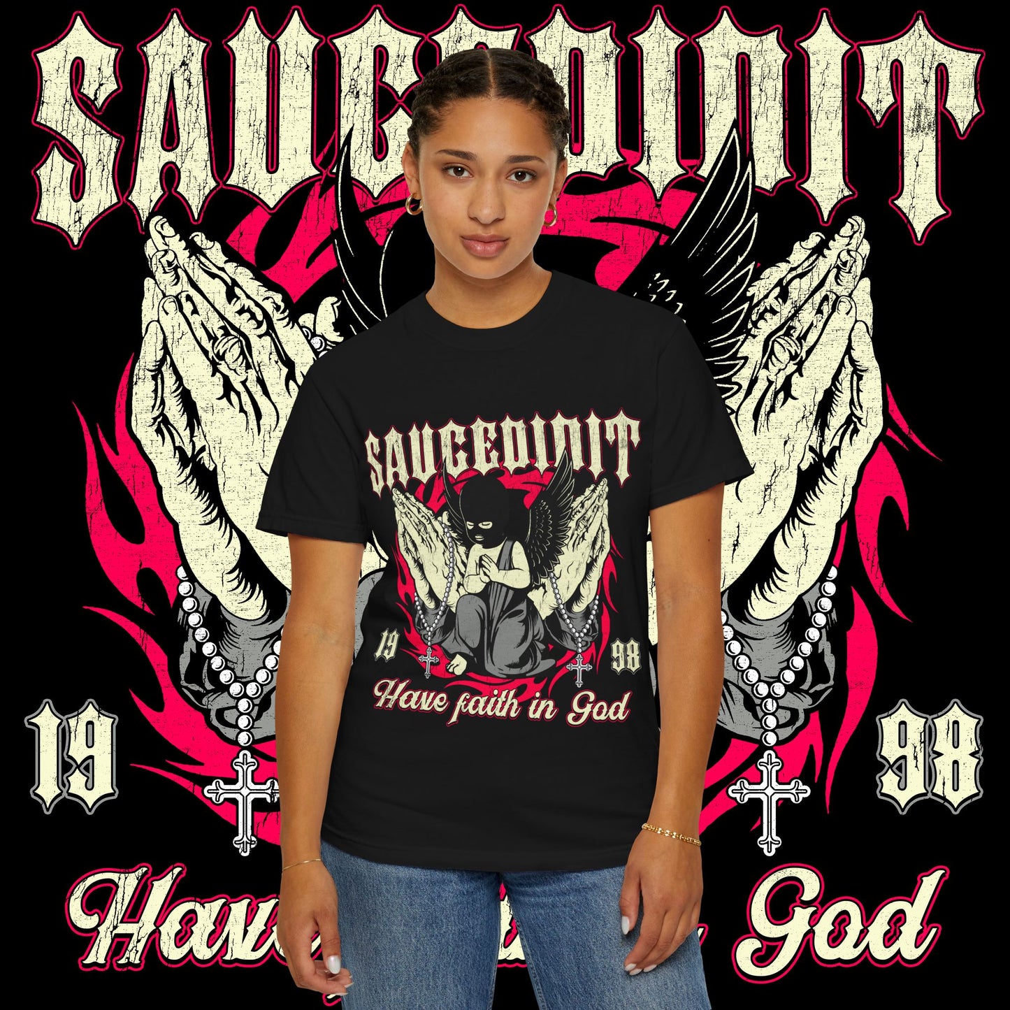 Saucligious Graphic T-Shirt — "Have Faith in God" Angel Design
