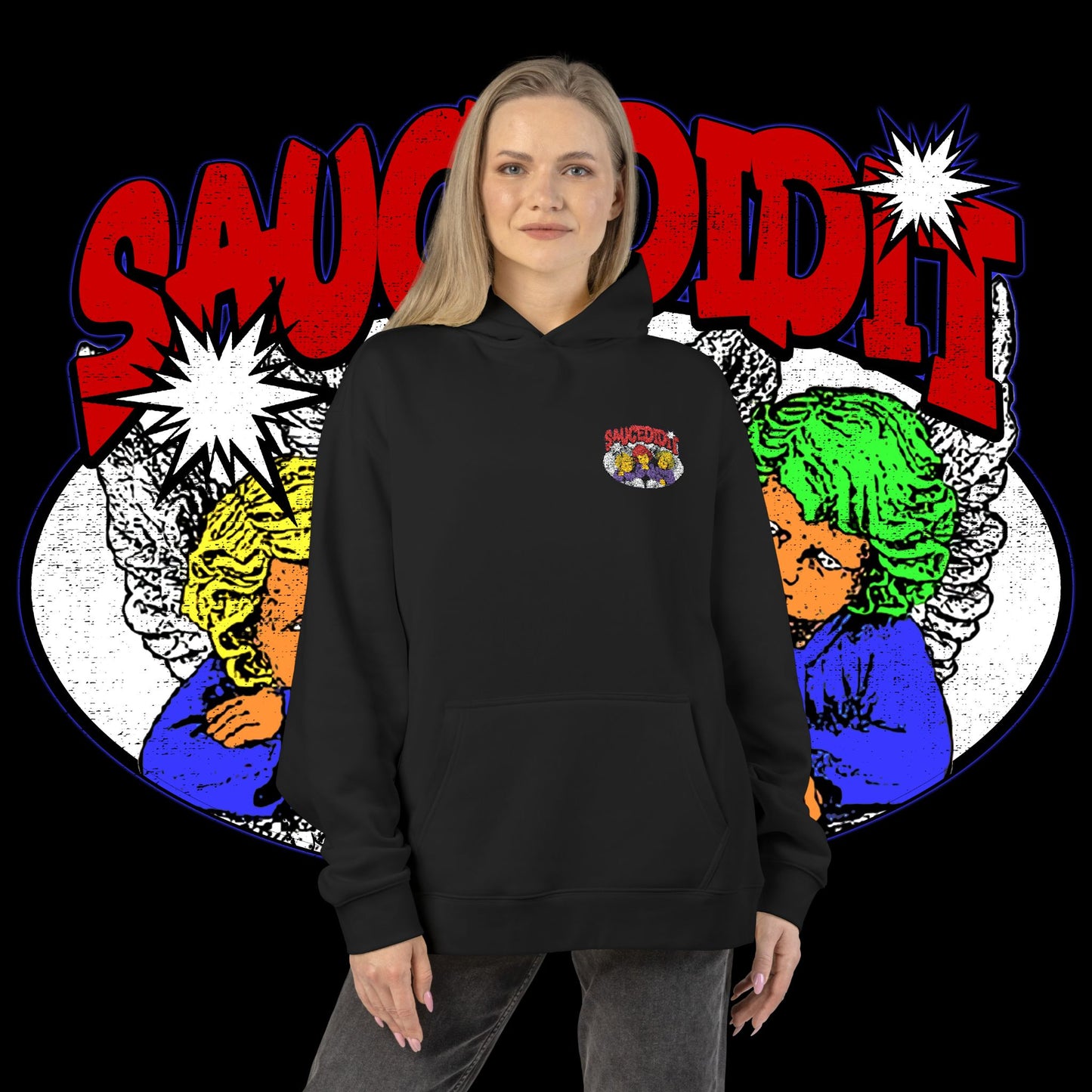 Sauced It Retro Pop Art Hoodie — 'Sauced It' Embroidered Graphic Pullover