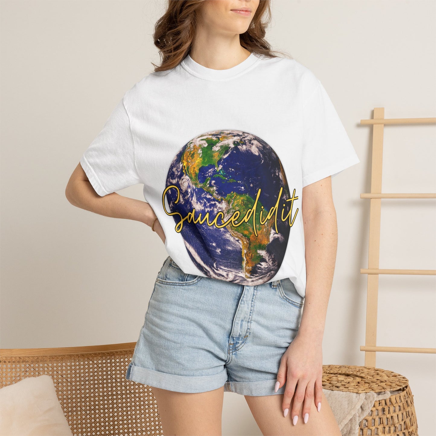 Earth Graphic T‑Shirt — 'Saucedidit' Script Planet Tee