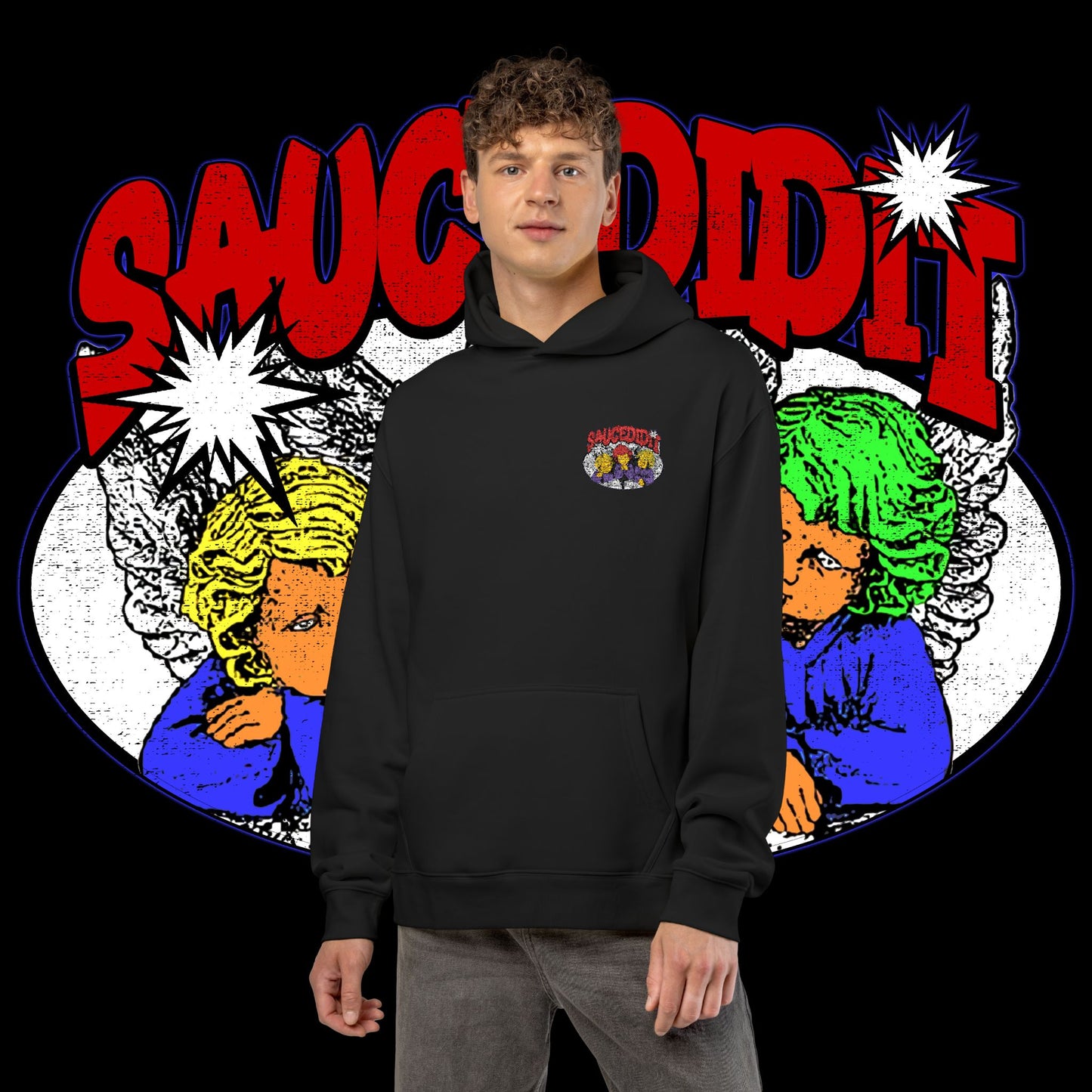 Sauced It Retro Pop Art Hoodie — 'Sauced It' Embroidered Graphic Pullover