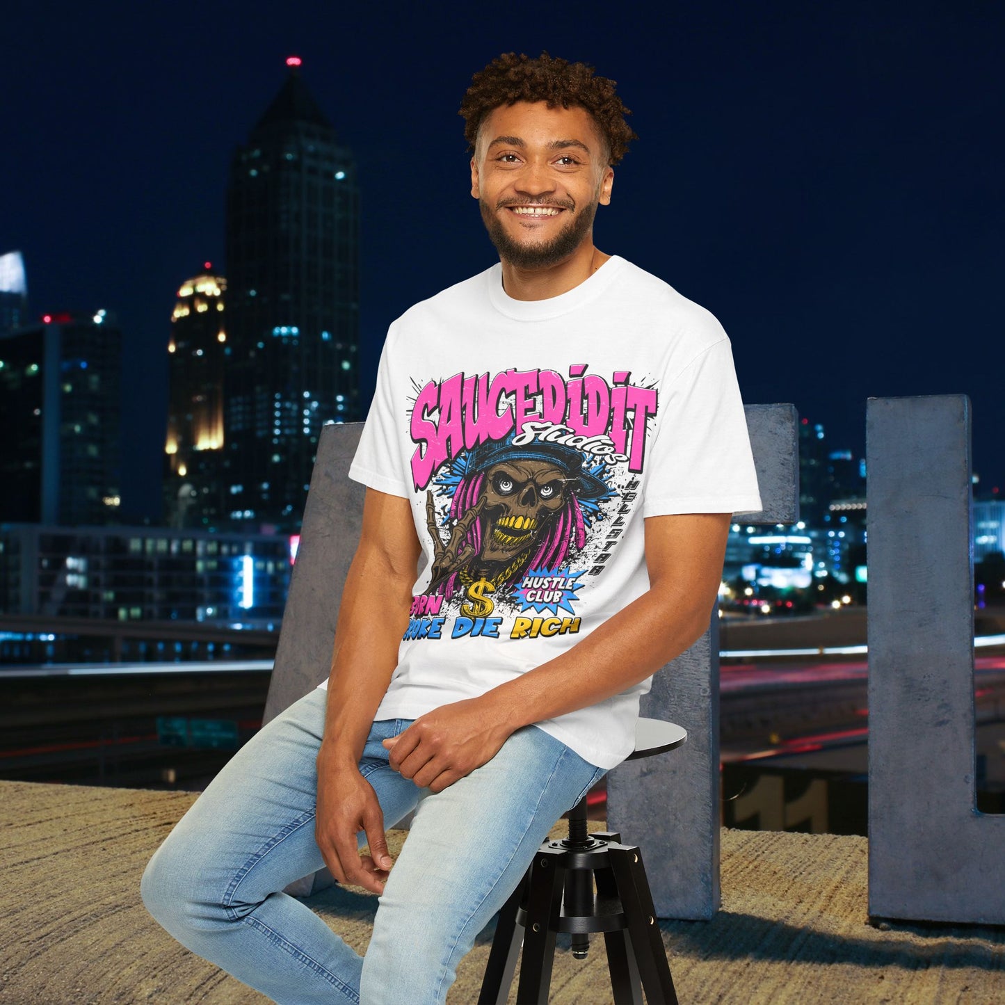 Graphic T-Shirt — "Saucedidit" Skull Design | Born Broke Die Rich Streetwear