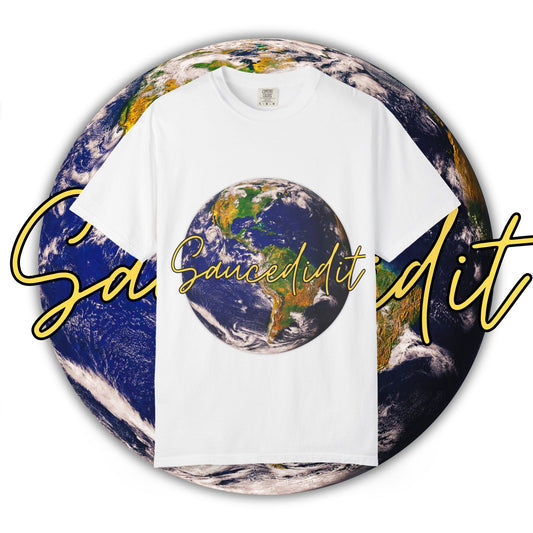 Earth Graphic T‑Shirt — 'Saucedidit' Script Planet Tee