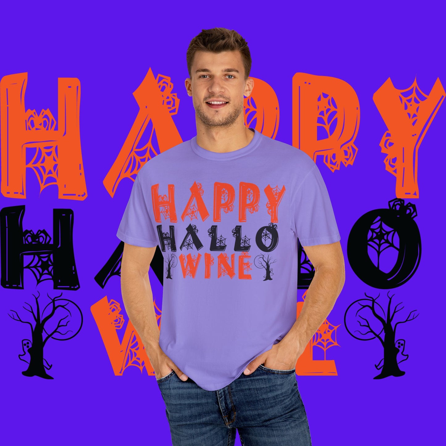 Hallowine T-Shirt, Halloween Tee, Spooky Celebration Shirt, Fall Festivity Apparel, Fun Halloween Gift, Unisex Garment-Dyed Tee