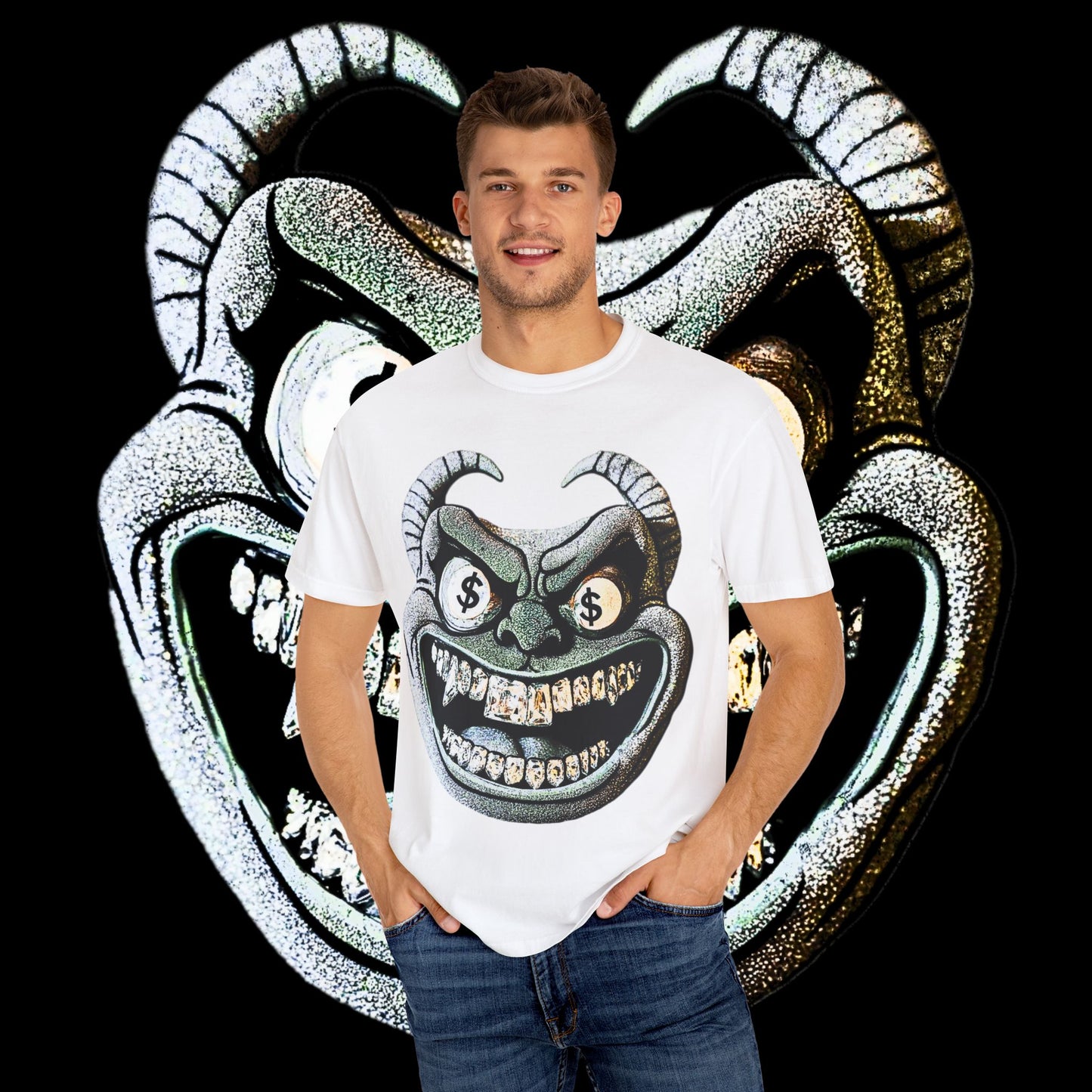 Grunge Demon Graphic T-shirt | Artistic Streetwear, Unisex Casual Tee, Gift for Music Lovers, Halloween Apparel, Urban Fashion