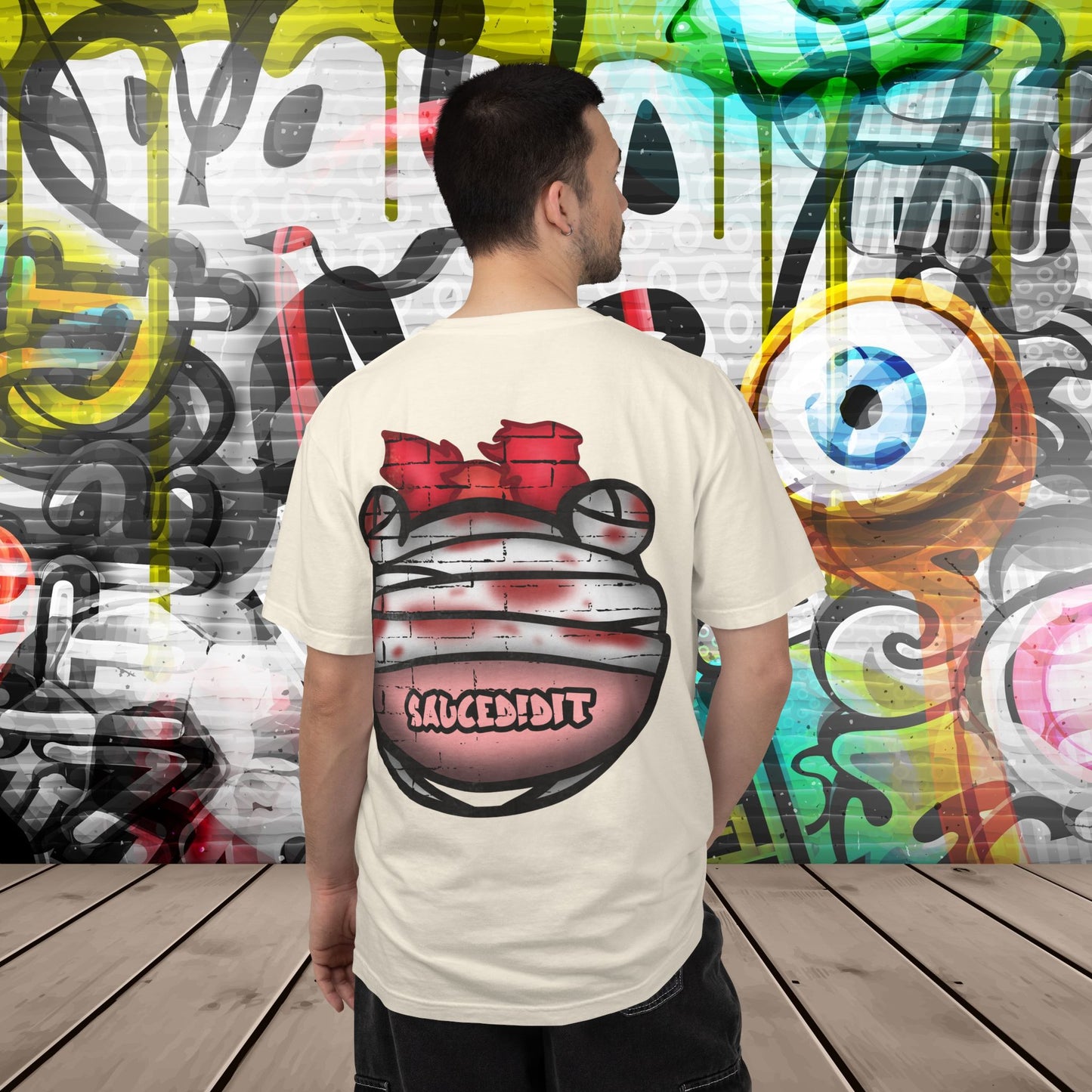 Graffiti Bandage Bear T-Shirt — 'SaucedIt' Streetwear Graphic Tee