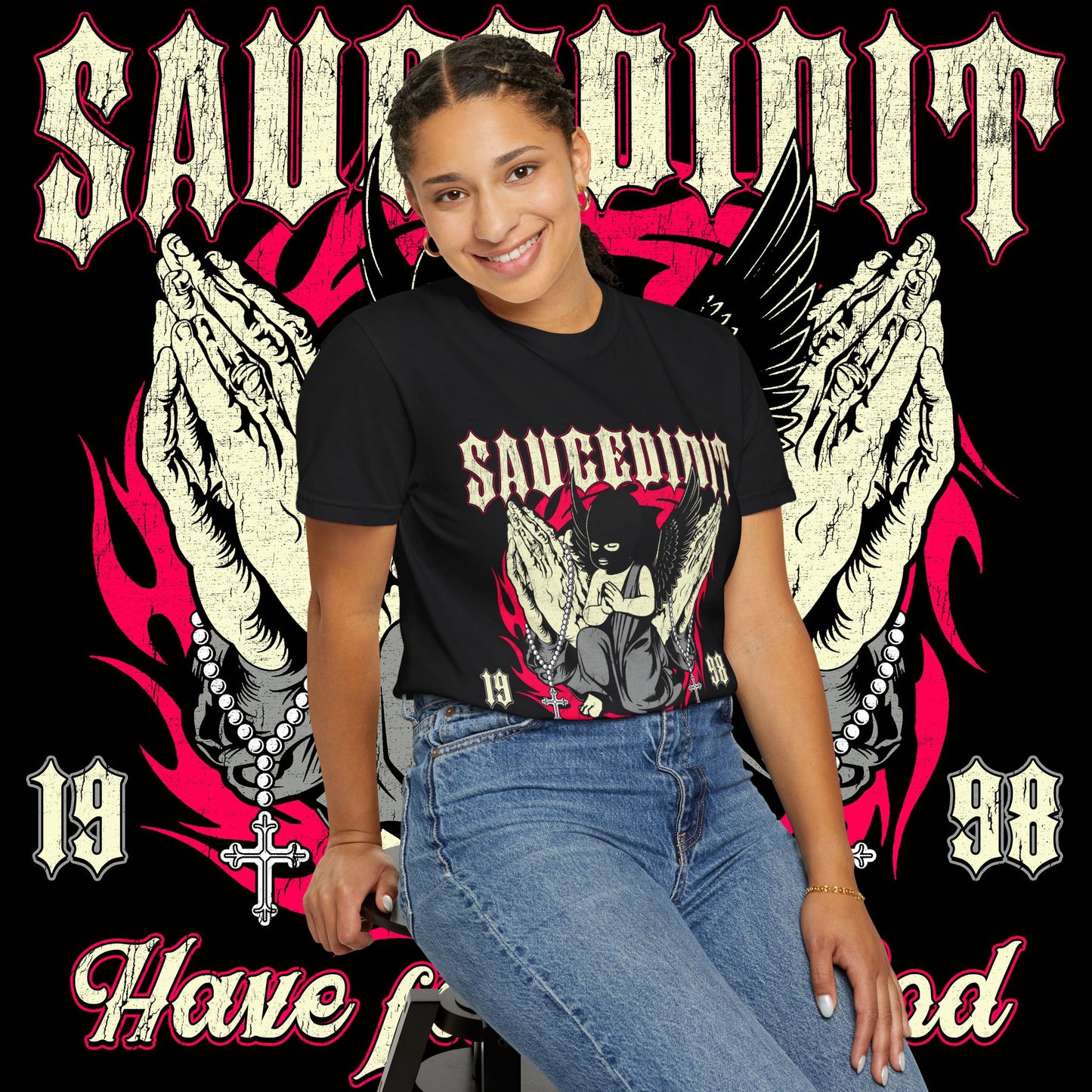 Saucligious Graphic T-Shirt — "Have Faith in God" Angel Design