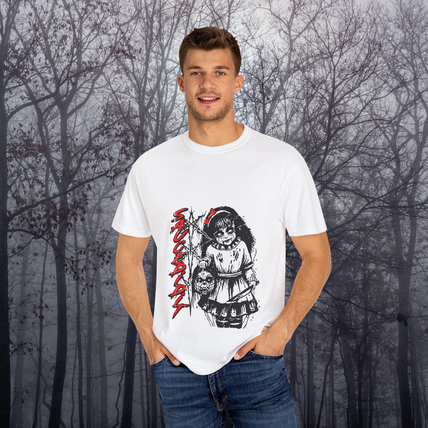 Creepy Doll Graphic Tee, Unisex Horror T-shirt, Spooky Gift, Halloween Apparel, Vintage Style Shirt, Gothic Fashion