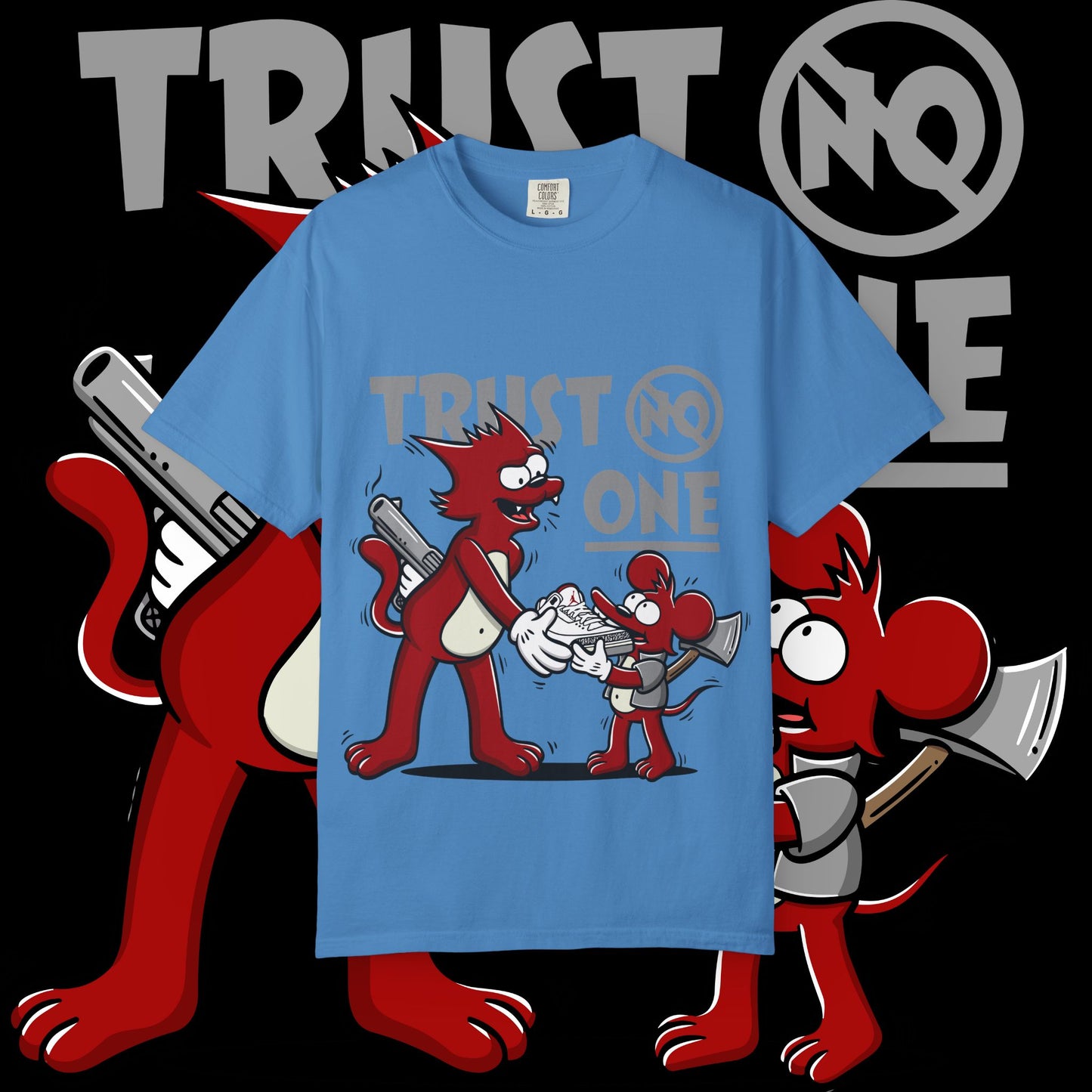 Trust No One Unisex Garment-Dyed T-Shirt, Streetwear Tee, Cartoon Graphic Shirt, Cool Humor Apparel, Gift for Friends