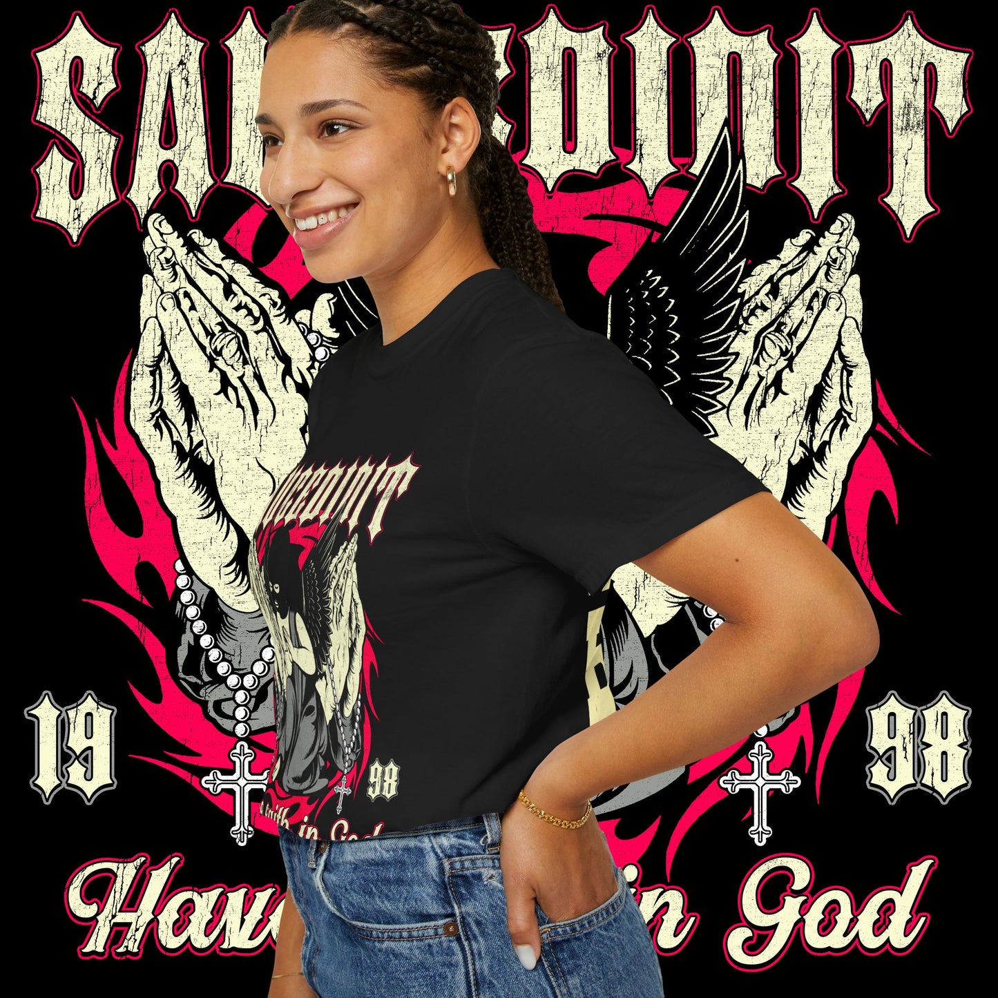 Saucligious Graphic T-Shirt — "Have Faith in God" Angel Design