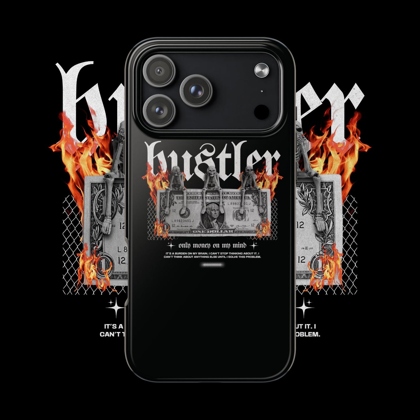 Hustler Flame Tough Phone Case — Rugged Black Protective Cover with Burning Money Graphic