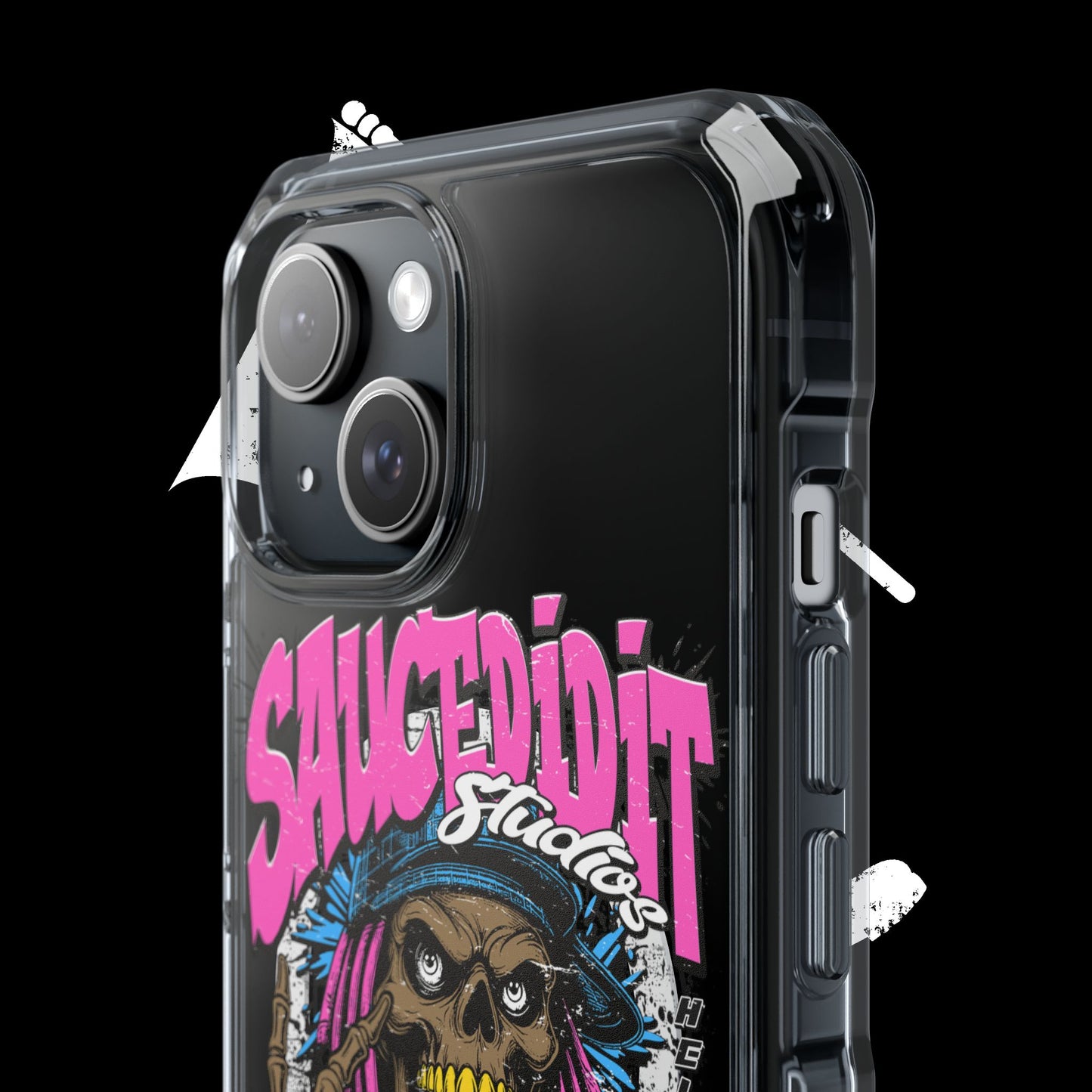 Clear Magnetic Phone Case — "Saucedidit" Skull Hustle Design (Born Broke Die Rich)