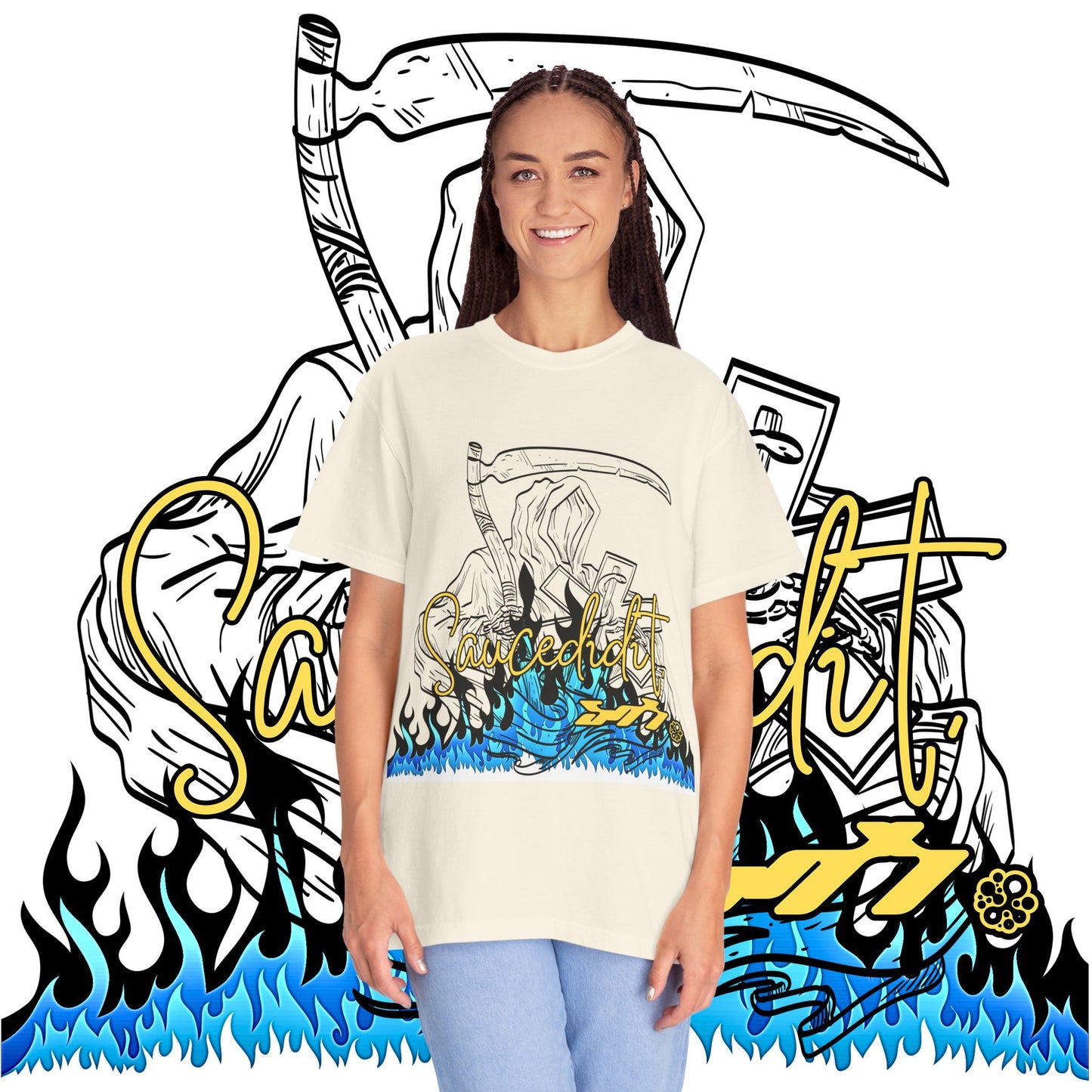 Grim Reaper Flames T-Shirt — "Sacred It" Graphic Tee