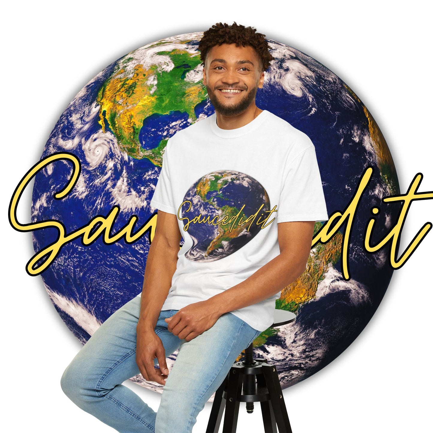 Earth Graphic T‑Shirt — 'Saucedidit' Script Planet Tee