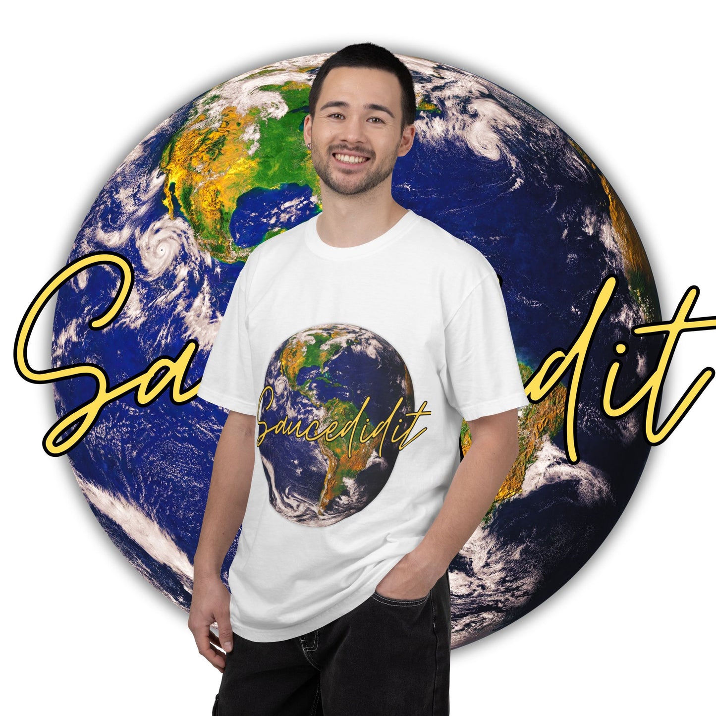 Earth Graphic T‑Shirt — 'Saucedidit' Script Planet Tee