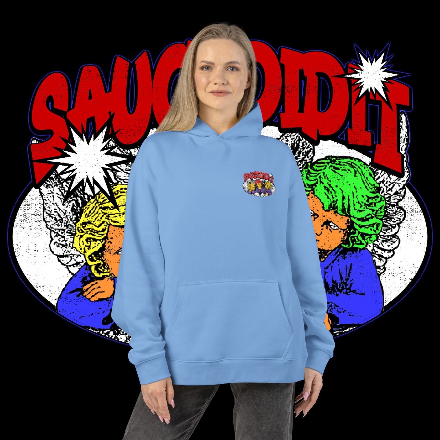 Sauced It Retro Pop Art Hoodie — 'Sauced It' Embroidered Graphic Pullover