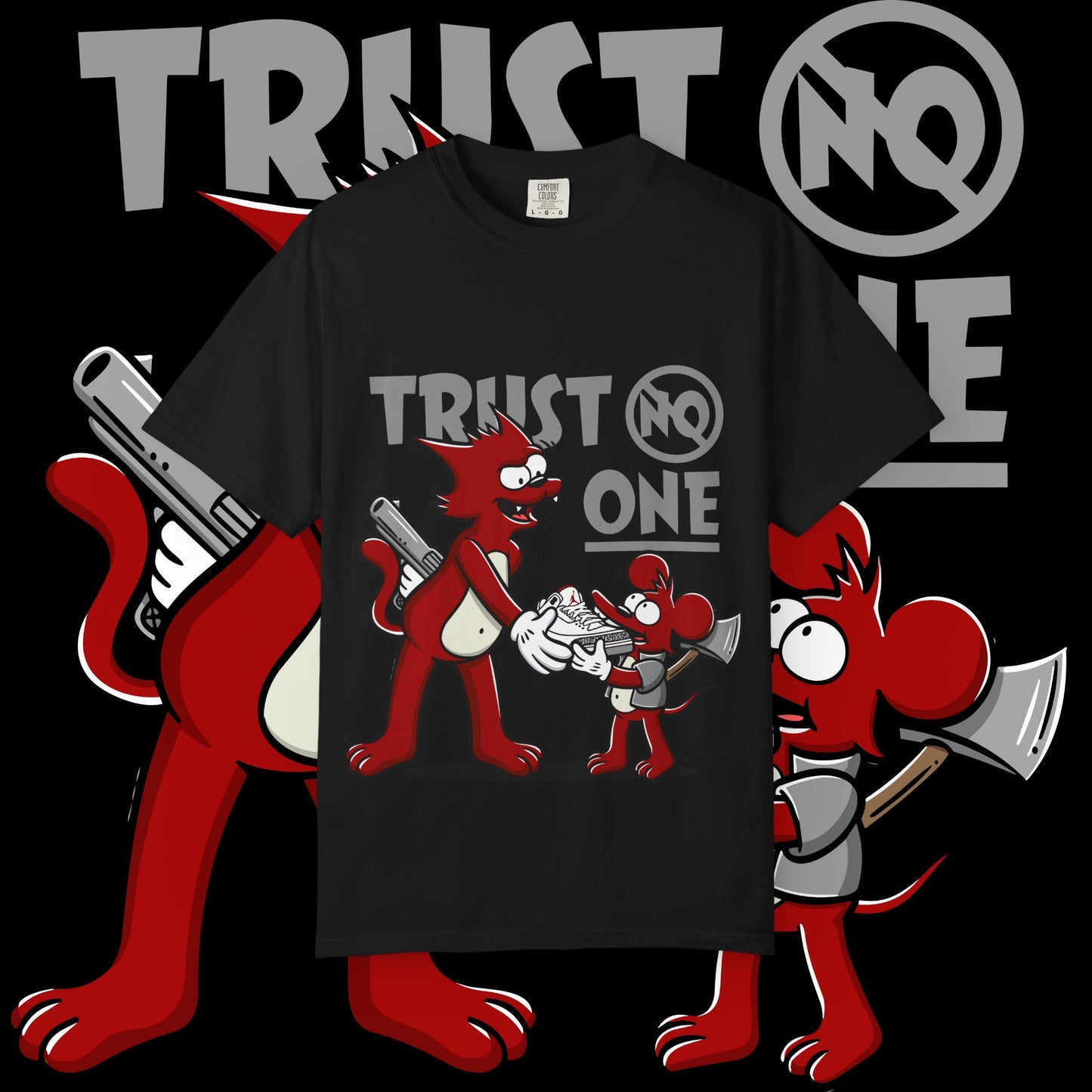 Trust No One Unisex Garment-Dyed T-Shirt, Streetwear Tee, Cartoon Graphic Shirt, Cool Humor Apparel, Gift for Friends