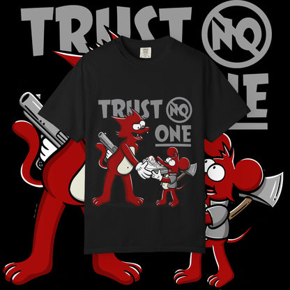Trust No One Unisex Garment-Dyed T-Shirt, Streetwear Tee, Cartoon Graphic Shirt, Cool Humor Apparel, Gift for Friends