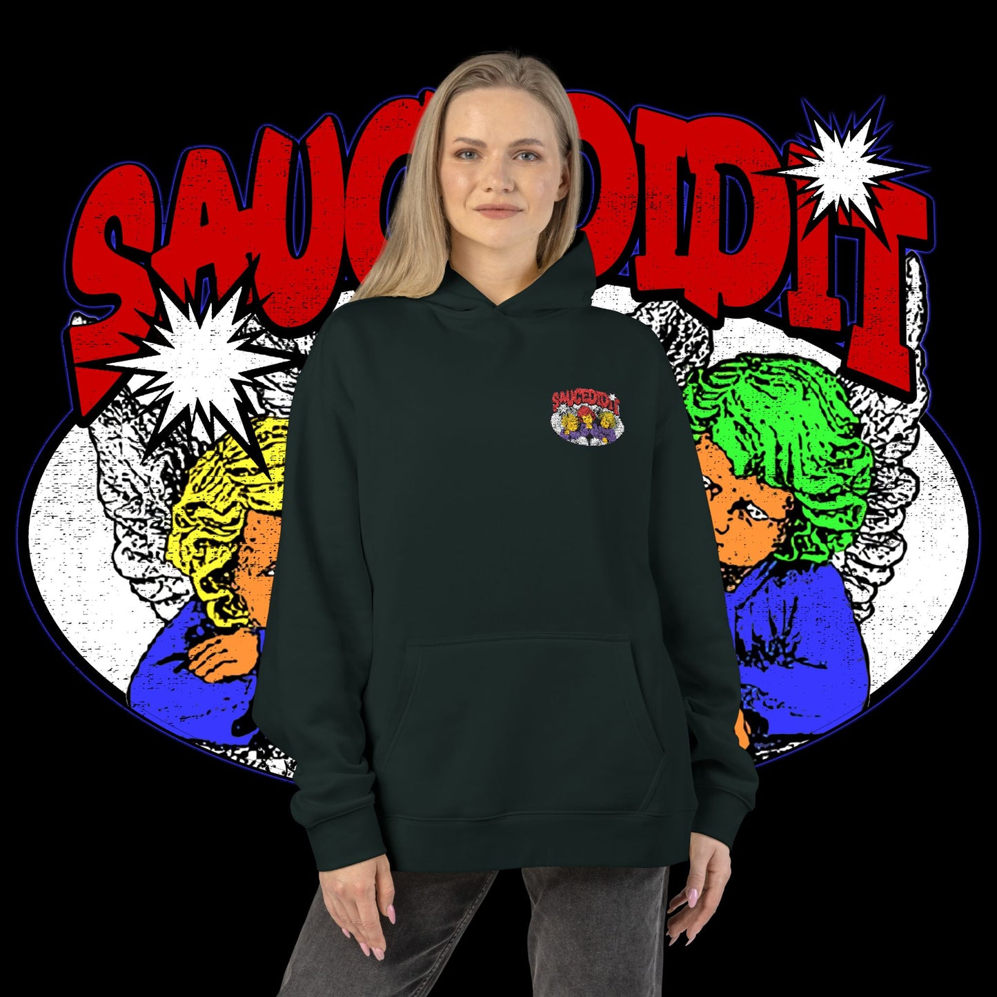 Sauced It Retro Pop Art Hoodie — 'Sauced It' Embroidered Graphic Pullover