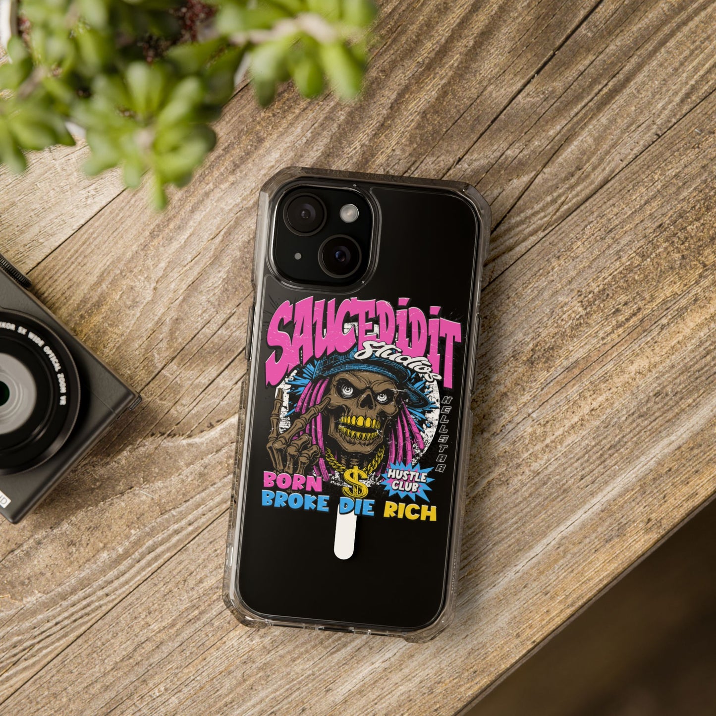 Clear Magnetic Phone Case — "Saucedidit" Skull Hustle Design (Born Broke Die Rich)