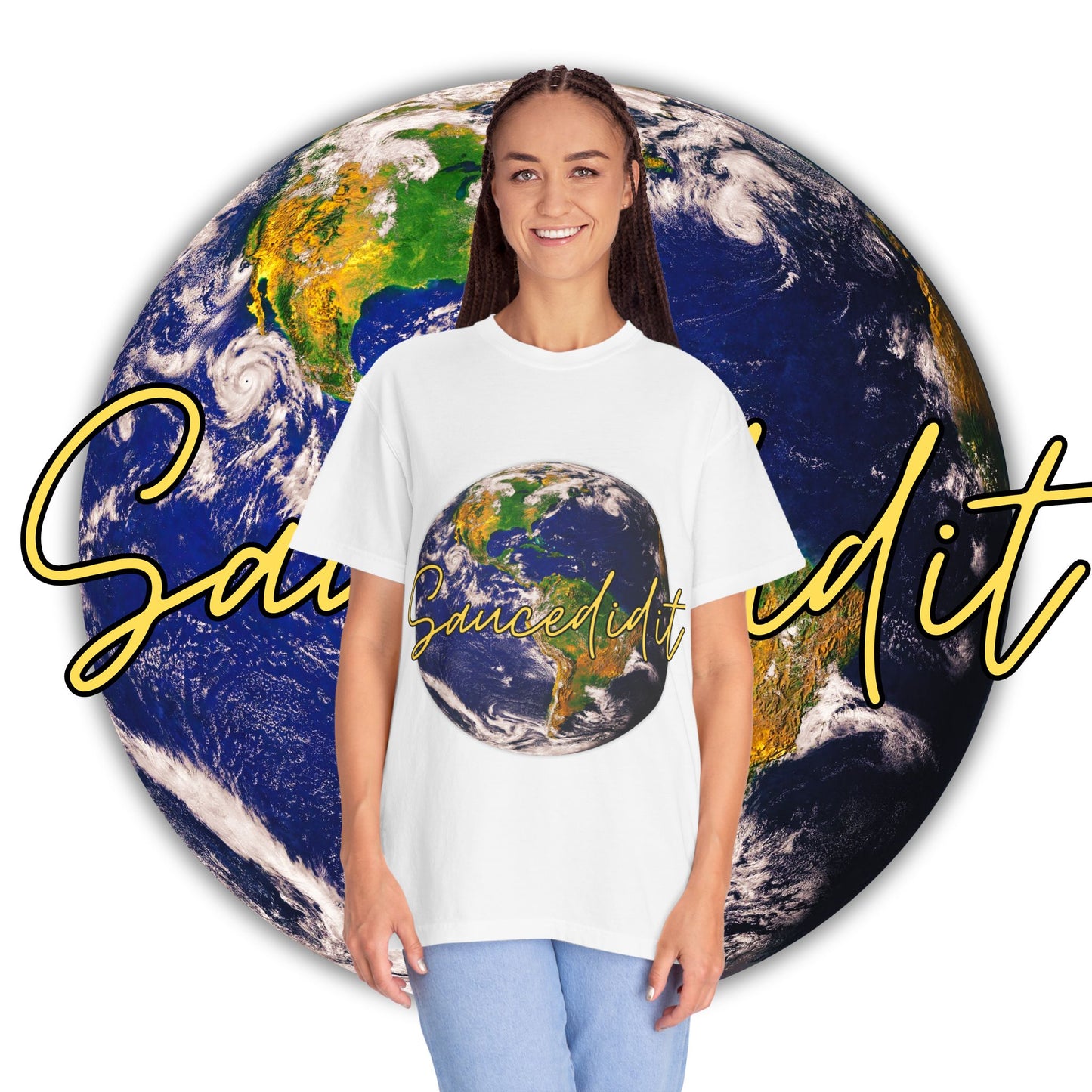 Earth Graphic T‑Shirt — 'Saucedidit' Script Planet Tee