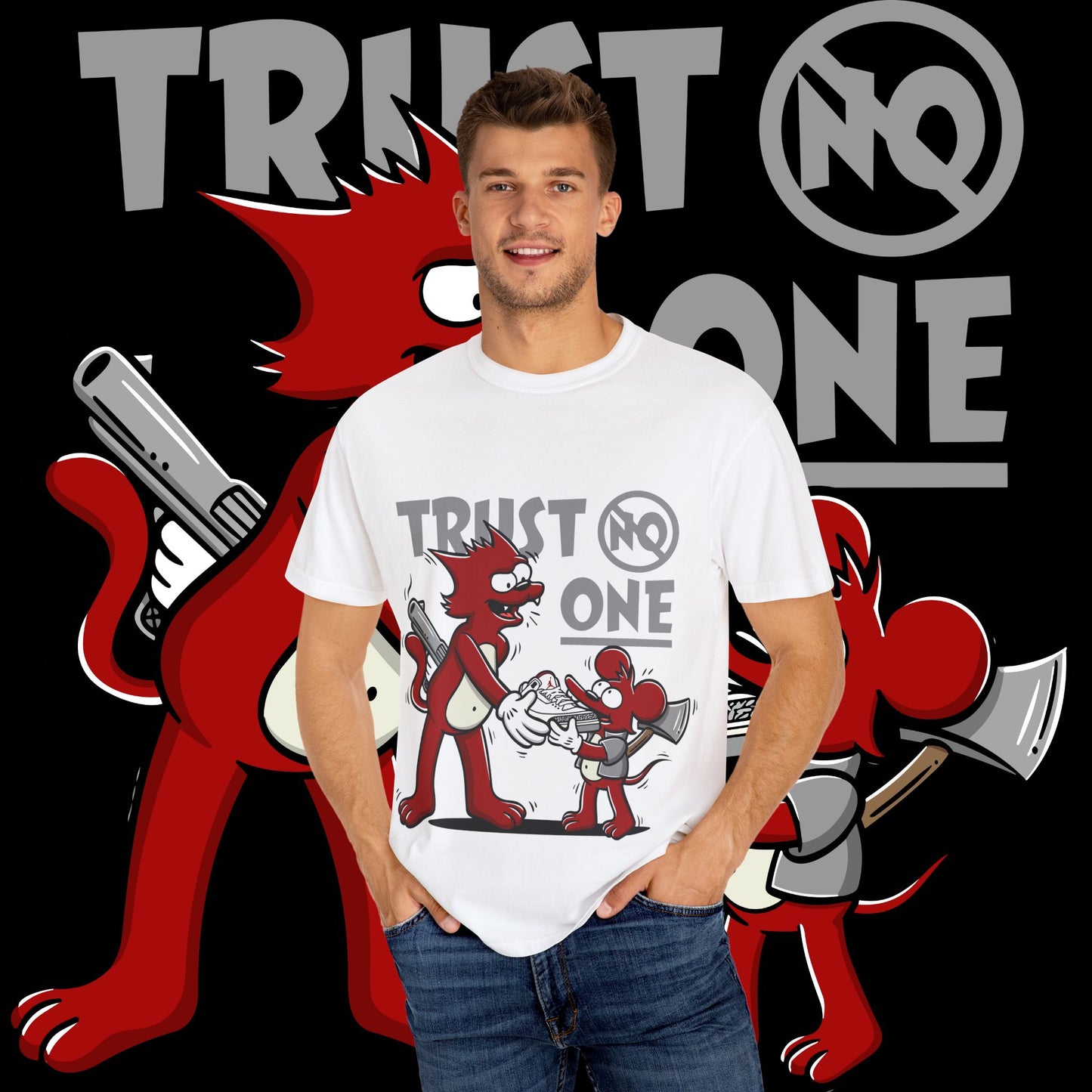 Trust No One Unisex Garment-Dyed T-Shirt, Streetwear Tee, Cartoon Graphic Shirt, Cool Humor Apparel, Gift for Friends