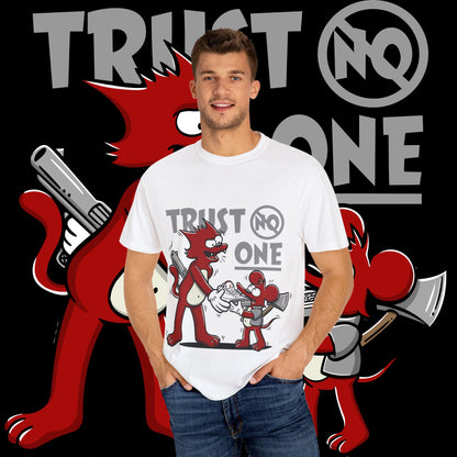 Trust No One Unisex Garment-Dyed T-Shirt, Streetwear Tee, Cartoon Graphic Shirt, Cool Humor Apparel, Gift for Friends