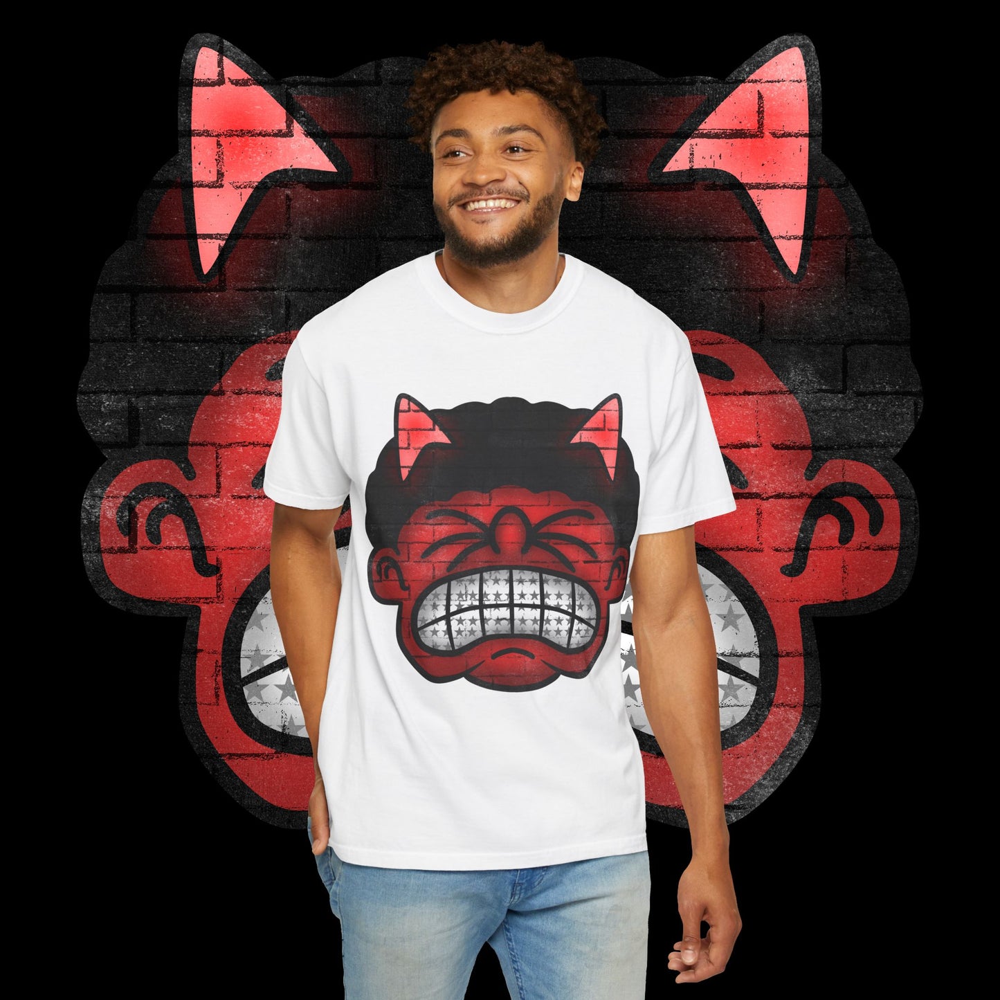 Devil Grin T-Shirt — Retro Graffiti Streetwear with 'SAVEDBYDT' Back Logo