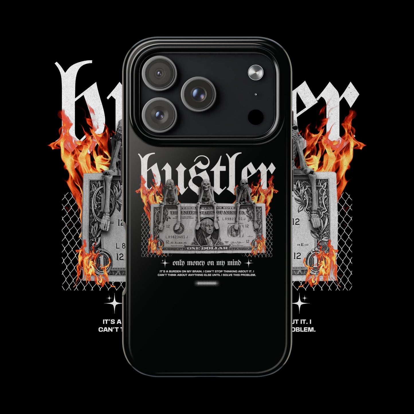 Hustler Flame Tough Phone Case — Rugged Black Protective Cover with Burning Money Graphic
