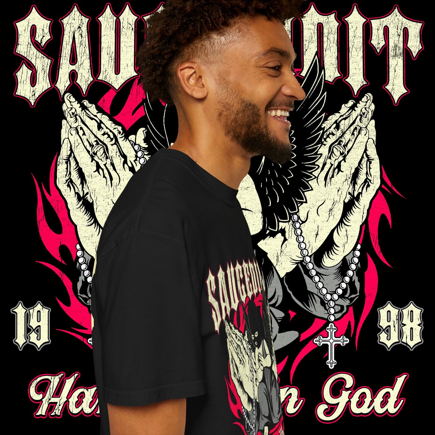 Saucligious Graphic T-Shirt — "Have Faith in God" Angel Design