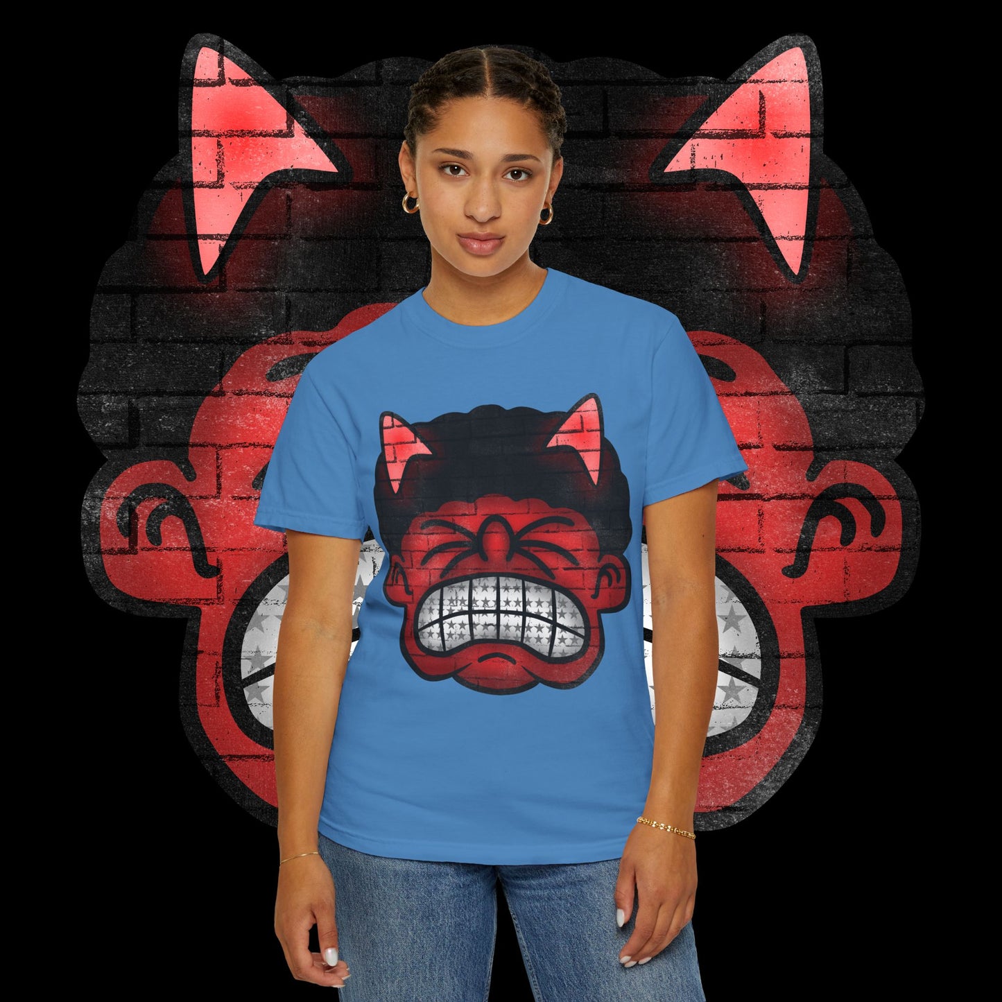 Devil Grin T-Shirt — Retro Graffiti Streetwear with 'SAVEDBYDT' Back Logo