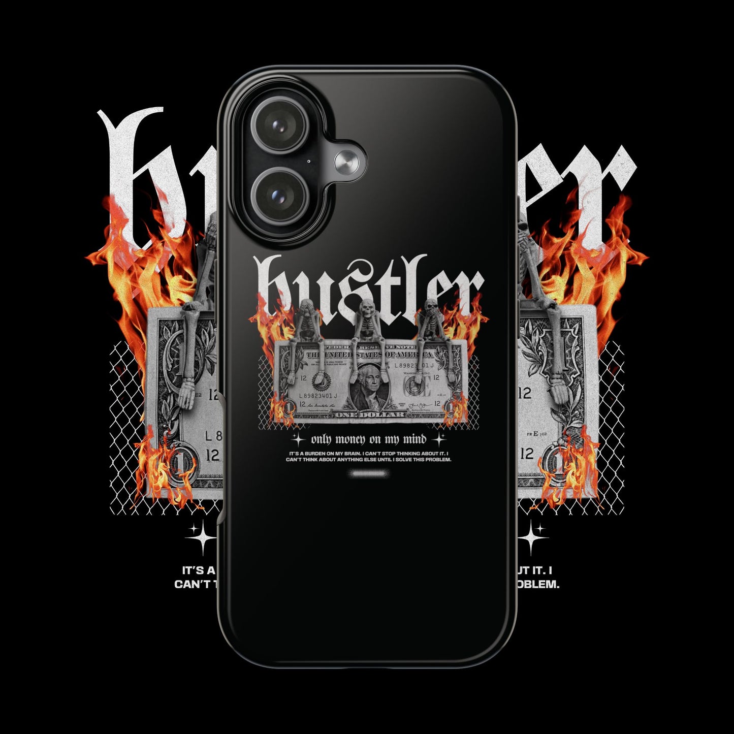 Hustler Flame Tough Phone Case — Rugged Black Protective Cover with Burning Money Graphic
