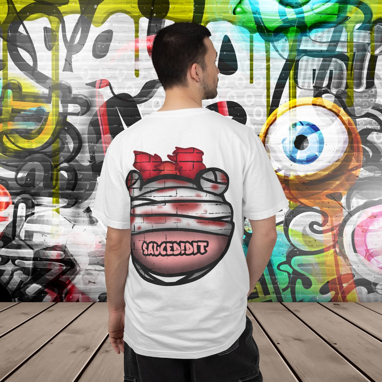Graffiti Bandage Bear T-Shirt — 'SaucedIt' Streetwear Graphic Tee
