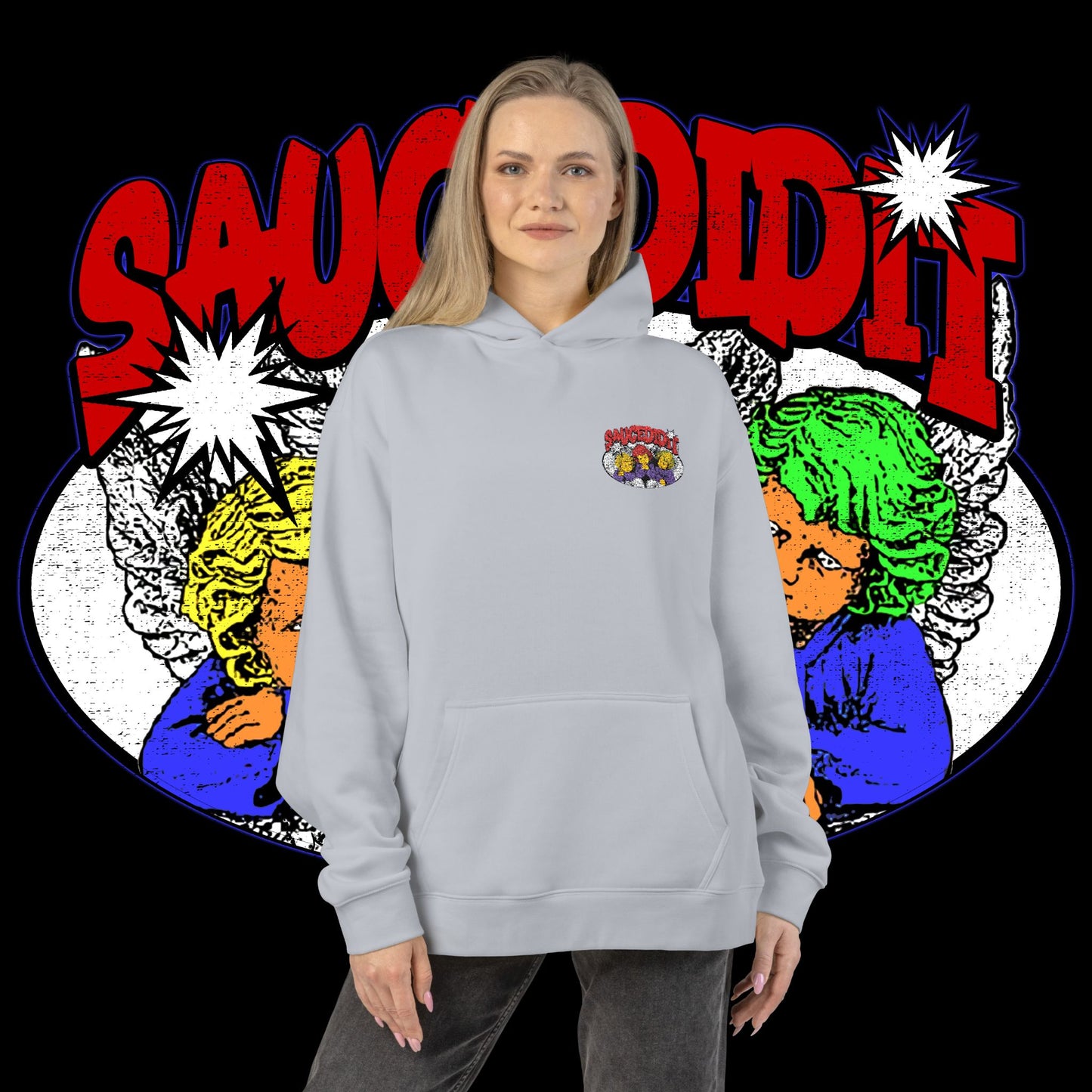 Sauced It Retro Pop Art Hoodie — 'Sauced It' Embroidered Graphic Pullover