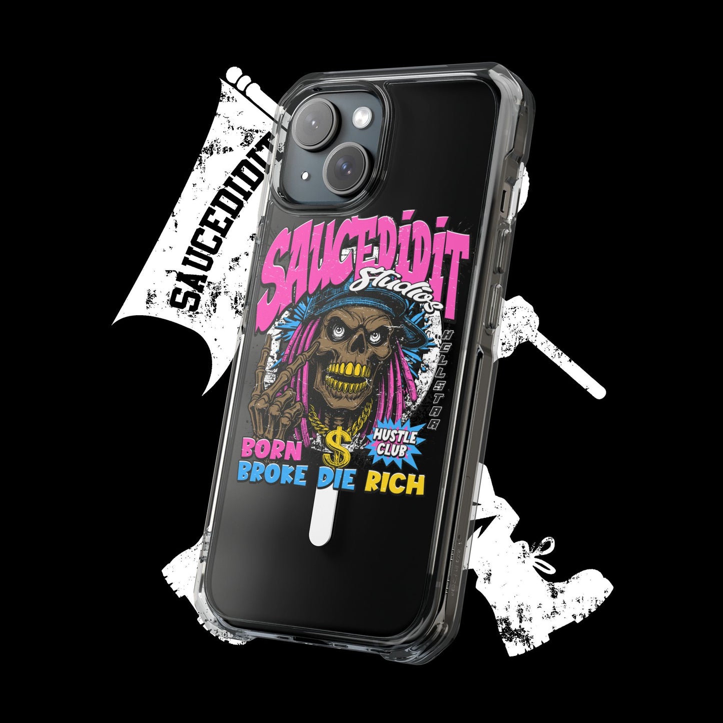 Clear Magnetic Phone Case — "Saucedidit" Skull Hustle Design (Born Broke Die Rich)